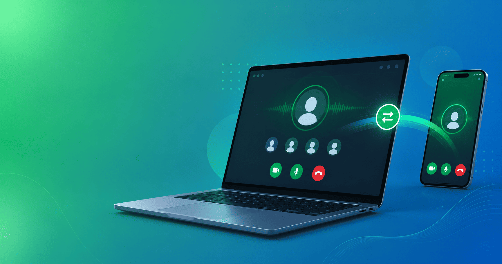 Transferencia de videollamada entre smartphone y laptop mediante una interfaz digital en tonos verdes y azules.