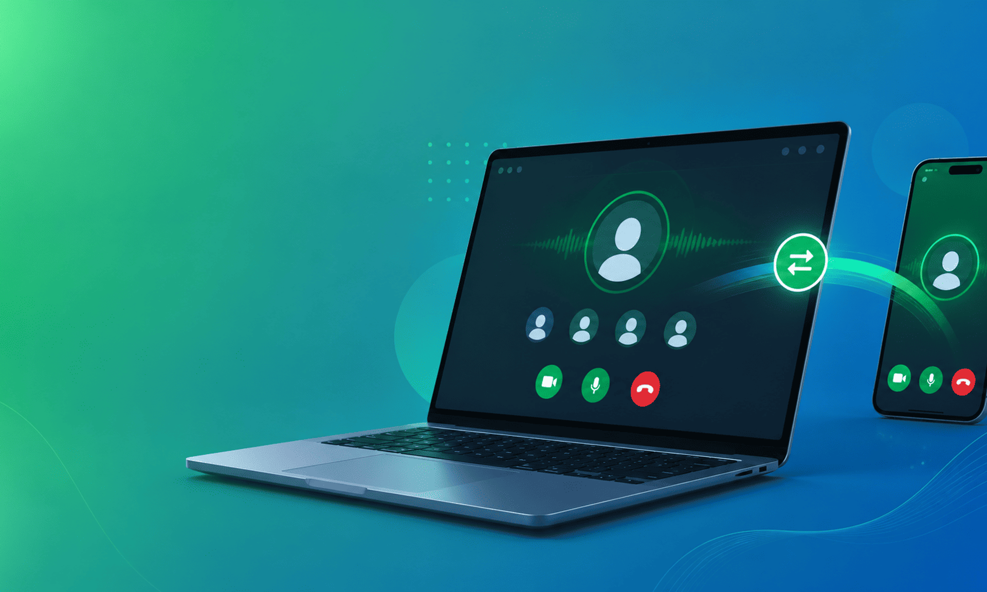 Transferencia de videollamada entre smartphone y laptop mediante una interfaz digital en tonos verdes y azules.