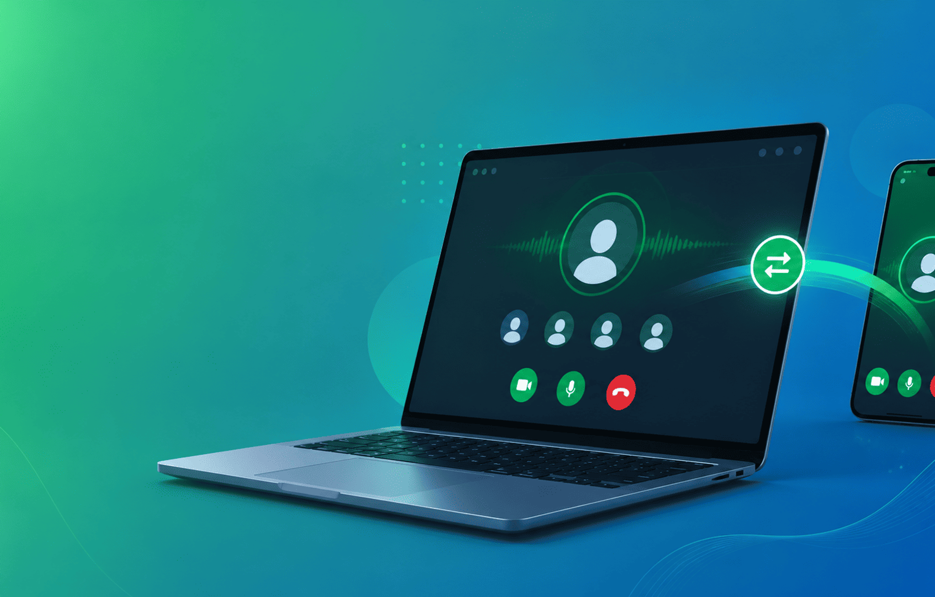 Transferencia de videollamada entre smartphone y laptop mediante una interfaz digital en tonos verdes y azules.