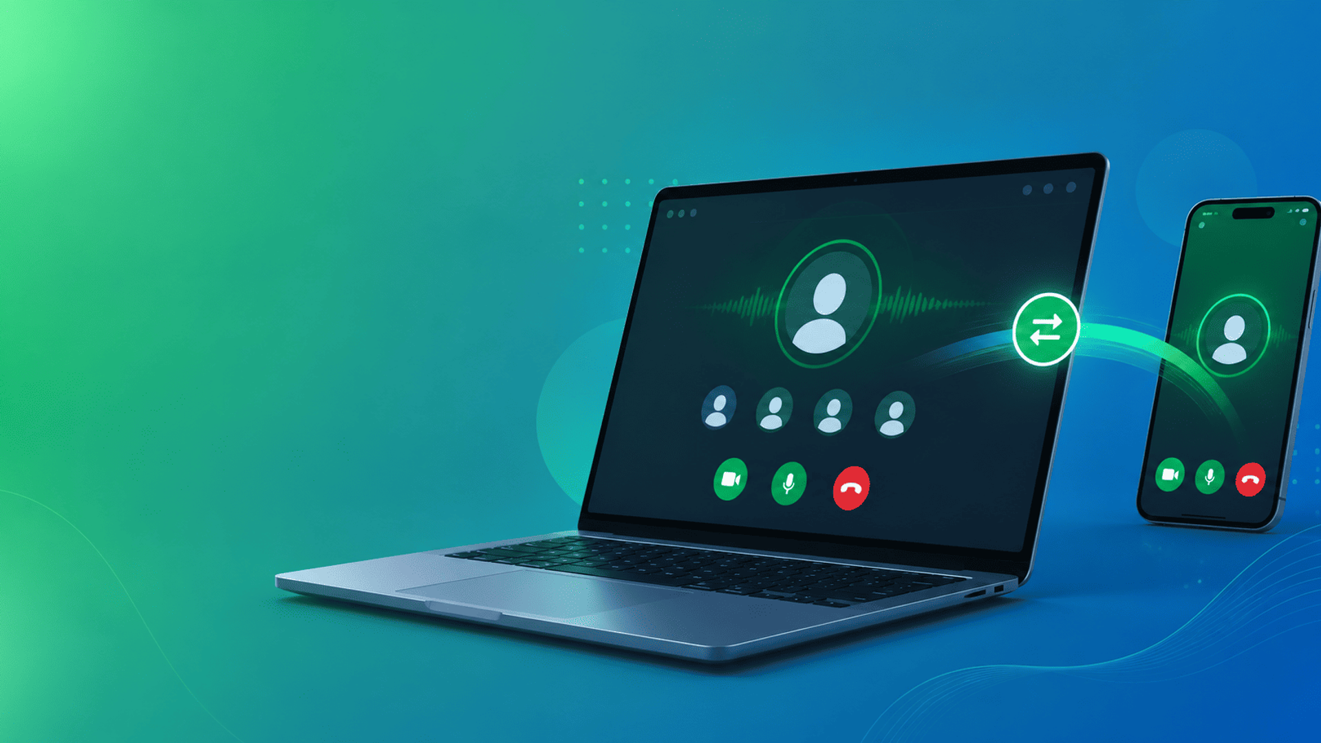 Transferencia de videollamada entre smartphone y laptop mediante una interfaz digital en tonos verdes y azules.