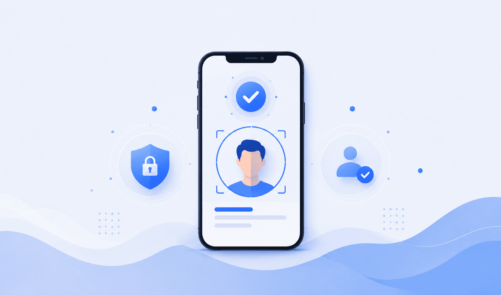 Ilustración de un teléfono con verificación facial, iconos de seguridad e identidad centrados sobre fondo azul minimalista.