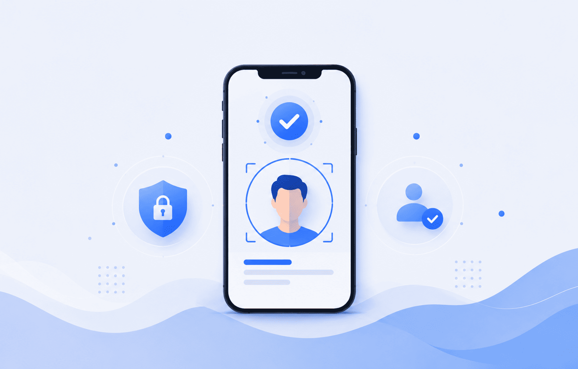 Ilustración de un teléfono con verificación facial, iconos de seguridad e identidad centrados sobre fondo azul minimalista.