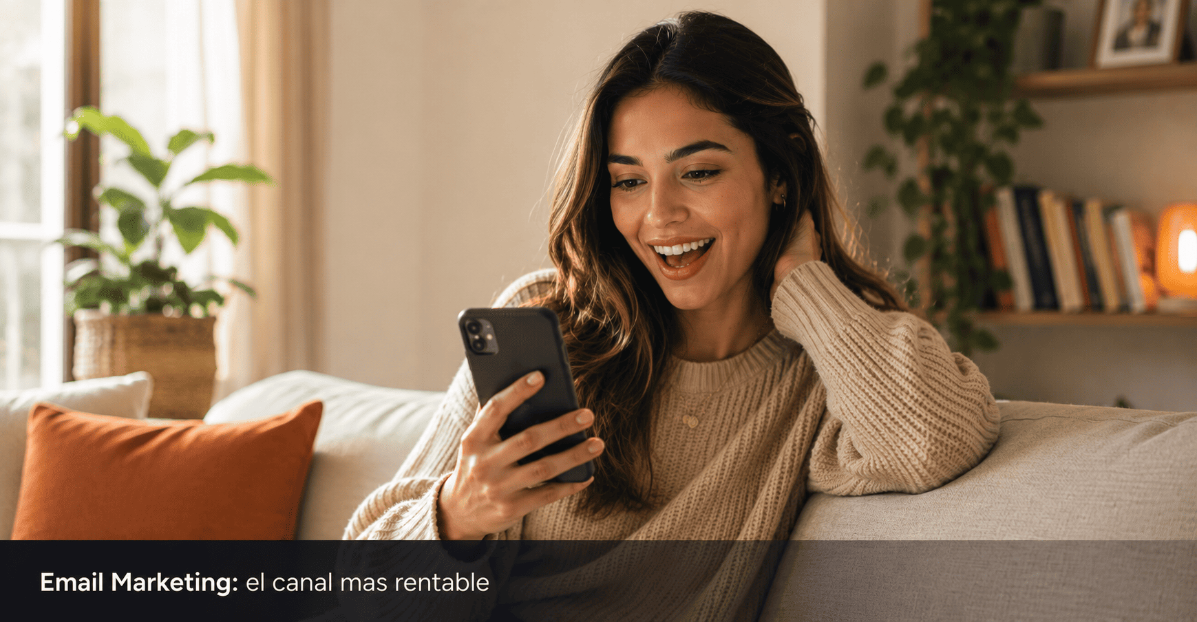 Mujer joven latinoamericana revisando smartphone con expresion de satisfaccion representando los resultados del email marketing para afiliados