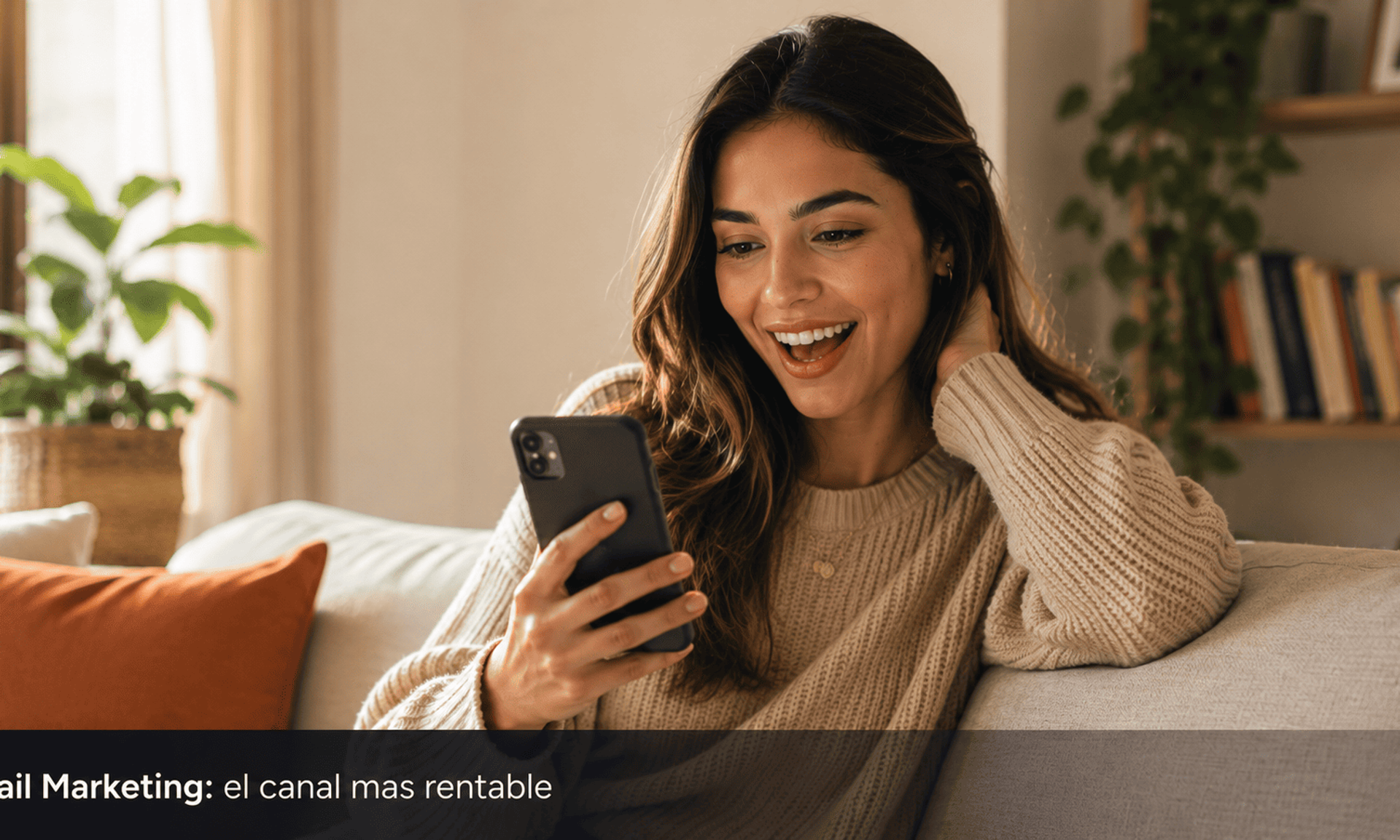 Mujer joven latinoamericana revisando smartphone con expresion de satisfaccion representando los resultados del email marketing para afiliados