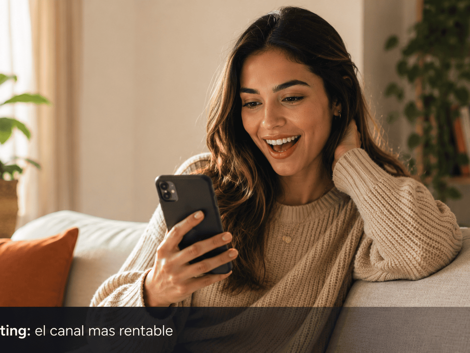 Mujer joven latinoamericana revisando smartphone con expresion de satisfaccion representando los resultados del email marketing para afiliados