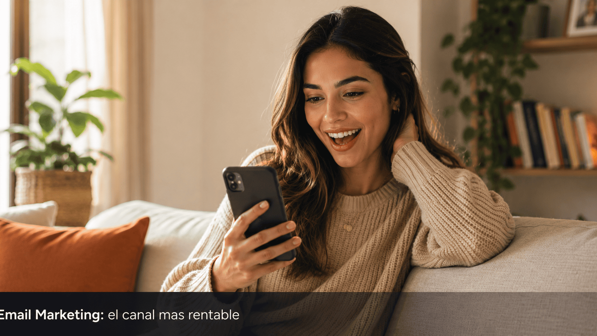 Mujer joven latinoamericana revisando smartphone con expresion de satisfaccion representando los resultados del email marketing para afiliados