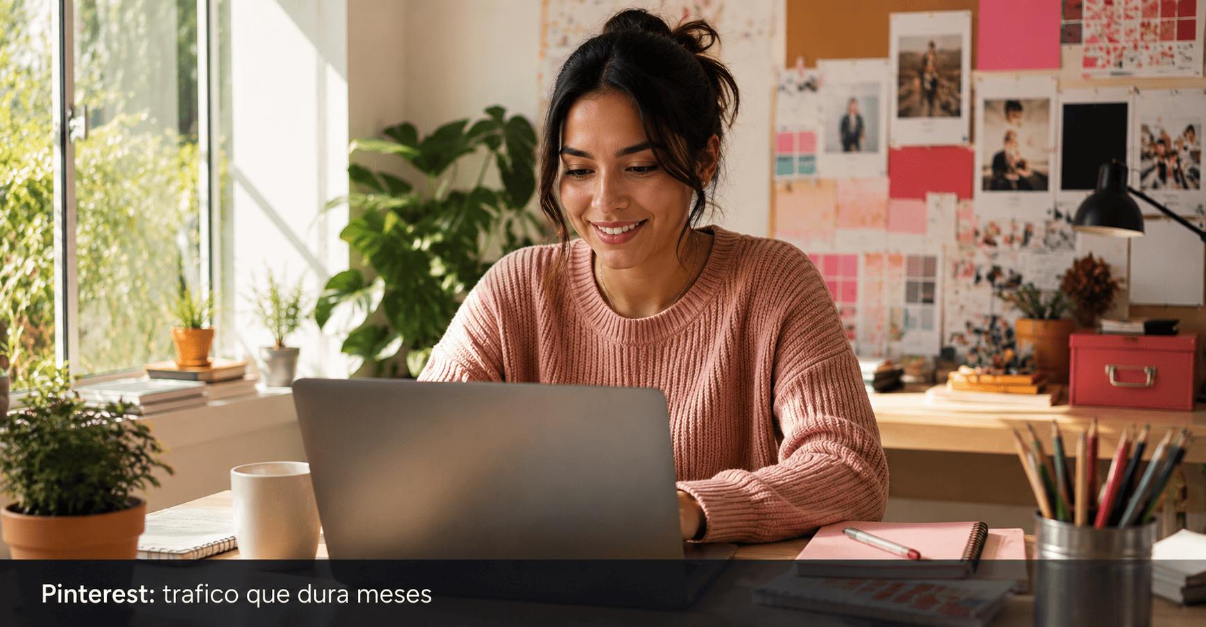 Mujer joven latinoamericana en escritorio luminoso con laptop.