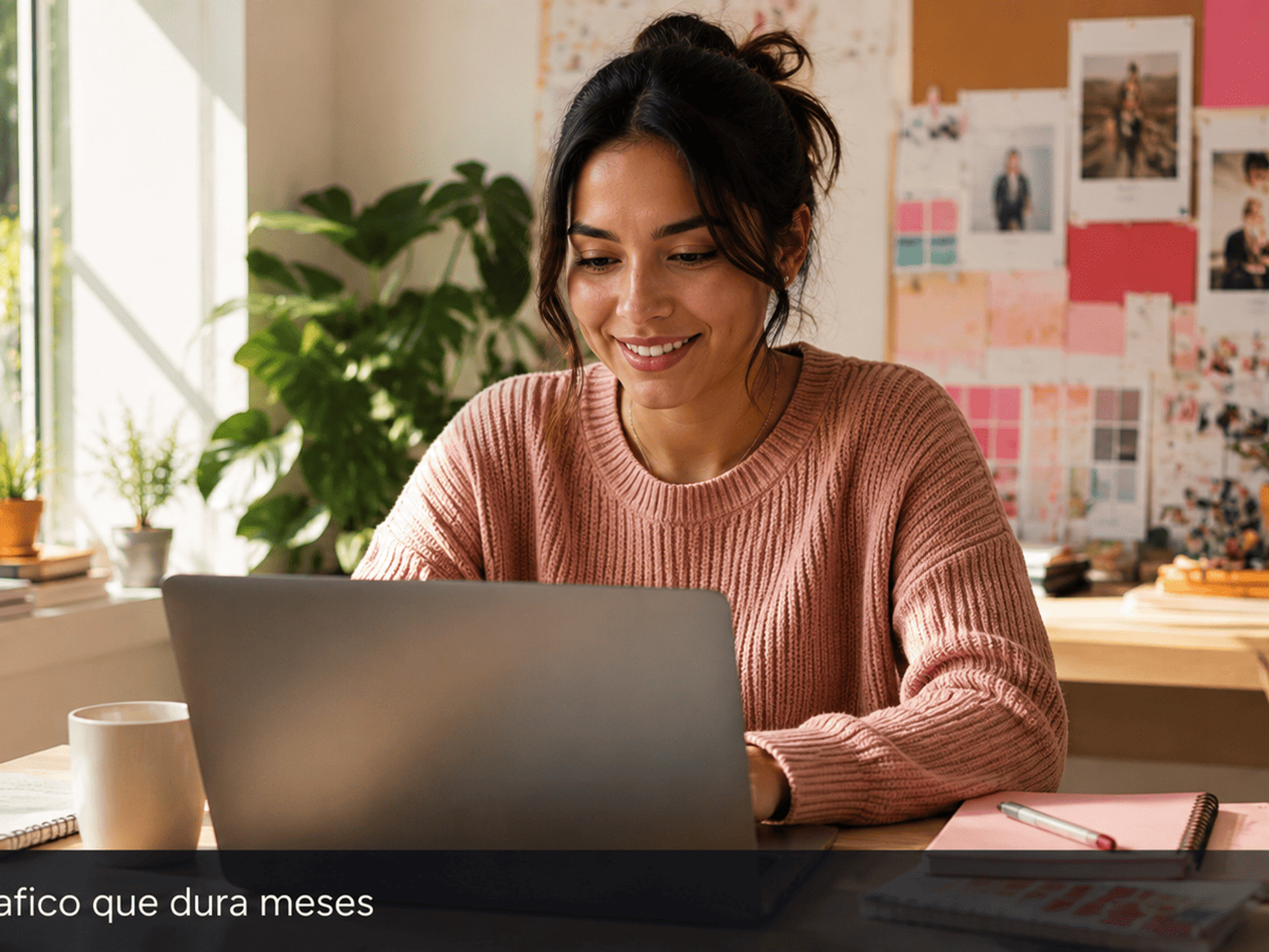 Mujer joven latinoamericana en escritorio luminoso con laptop.