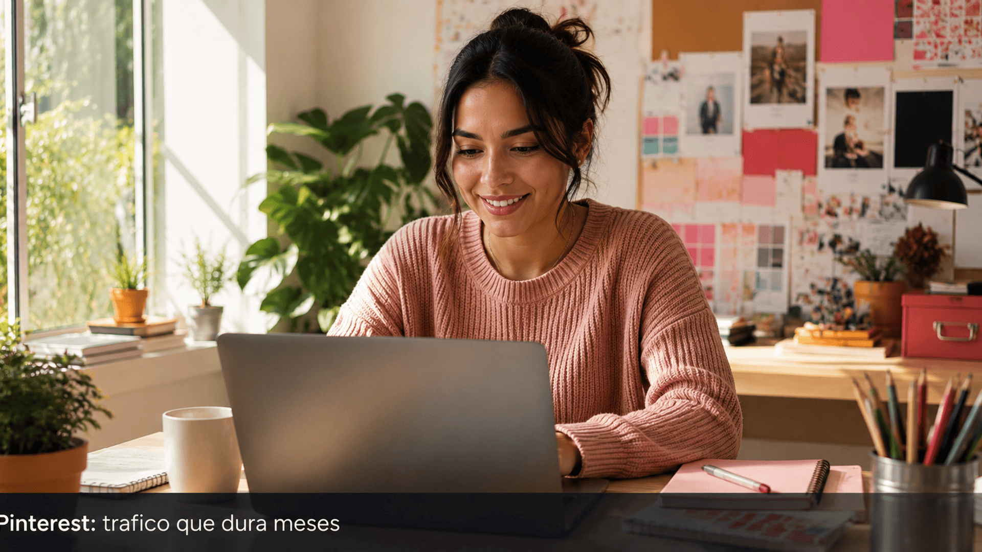 Mujer joven latinoamericana en escritorio luminoso con laptop.