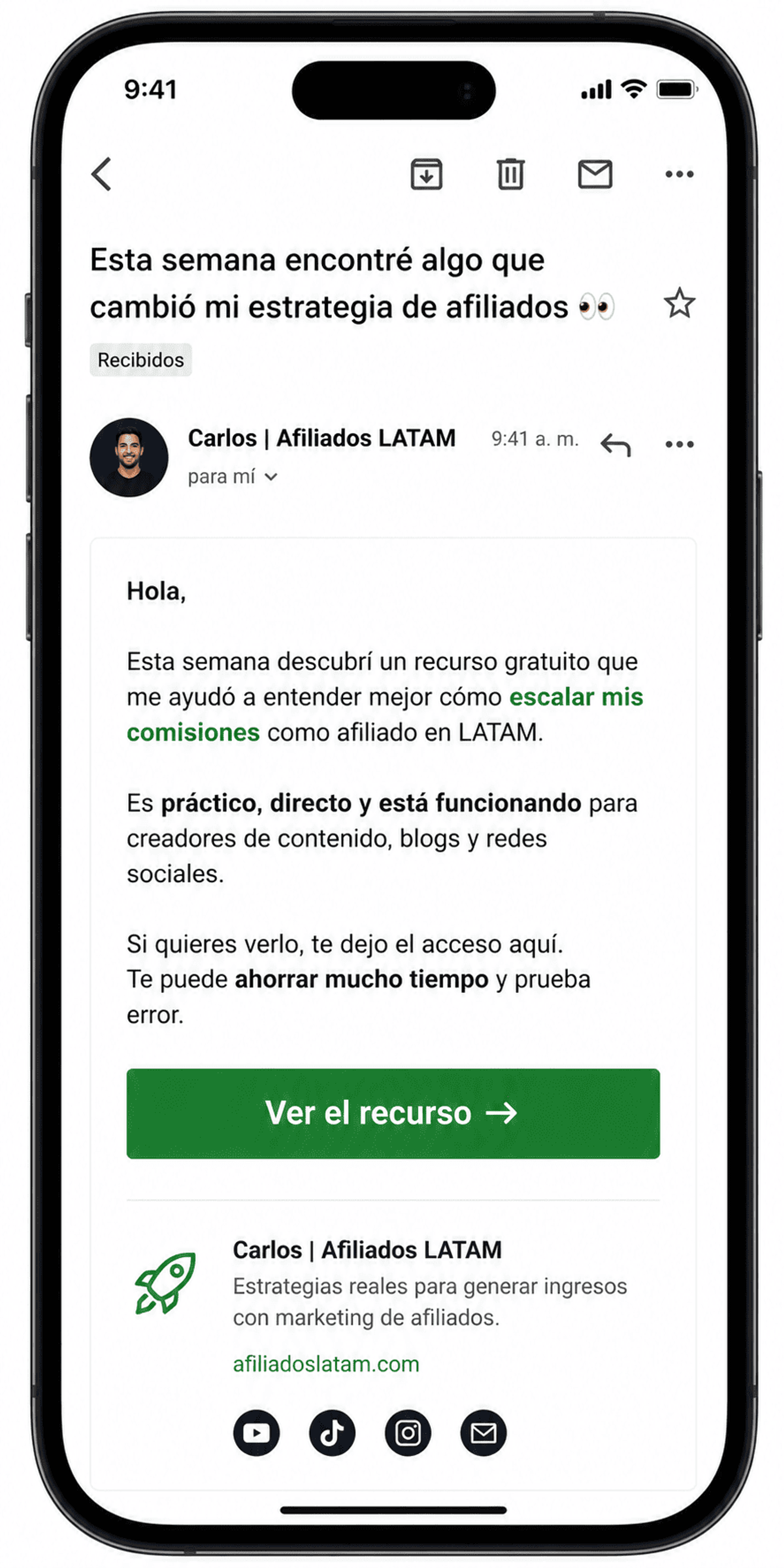 Mockup de email de marketing en pantalla de smartphone mostrando newsletter