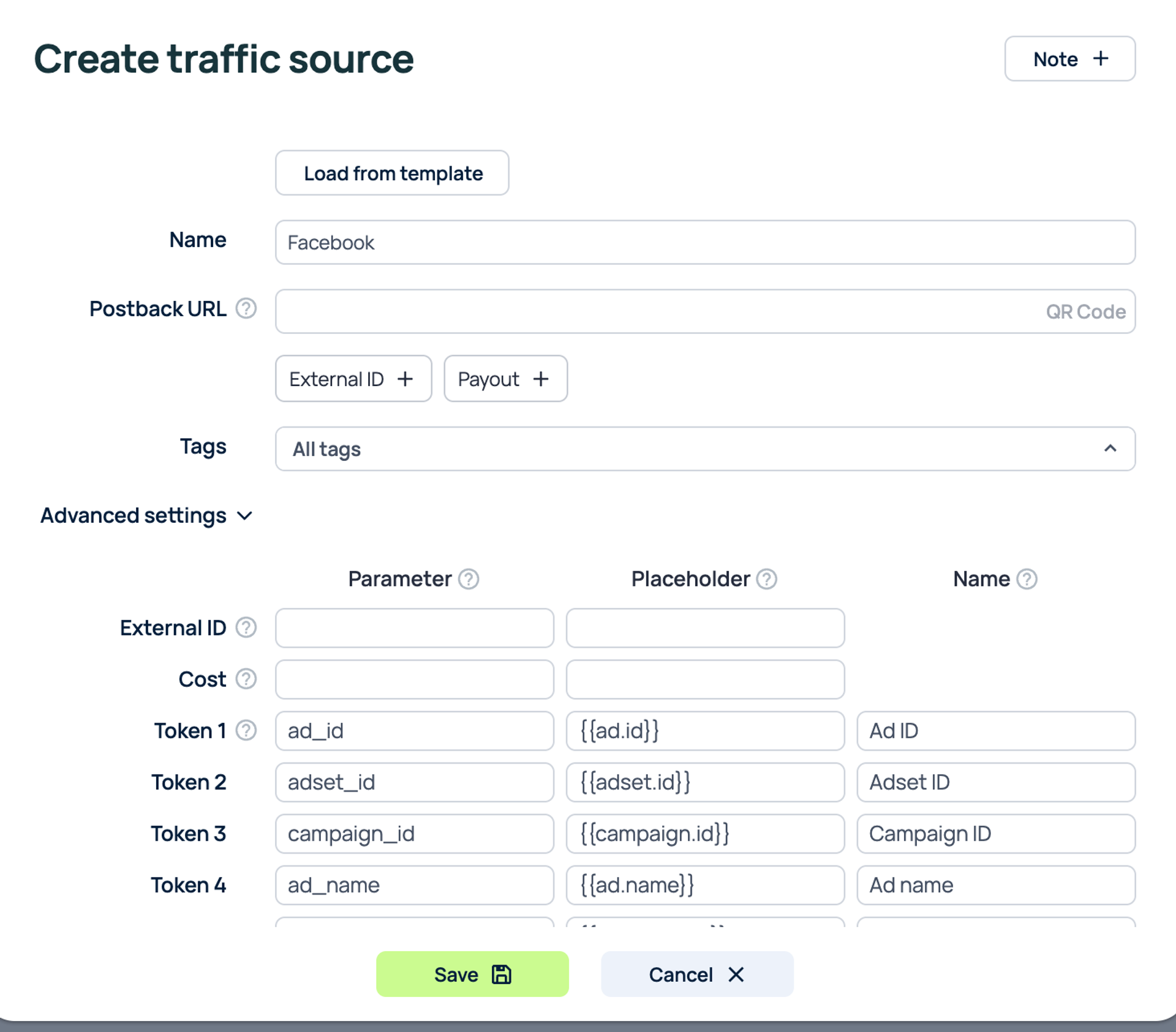 Configuración de Facebook como fuente de tráfico en Binom con parámetros y tokens de seguimiento.