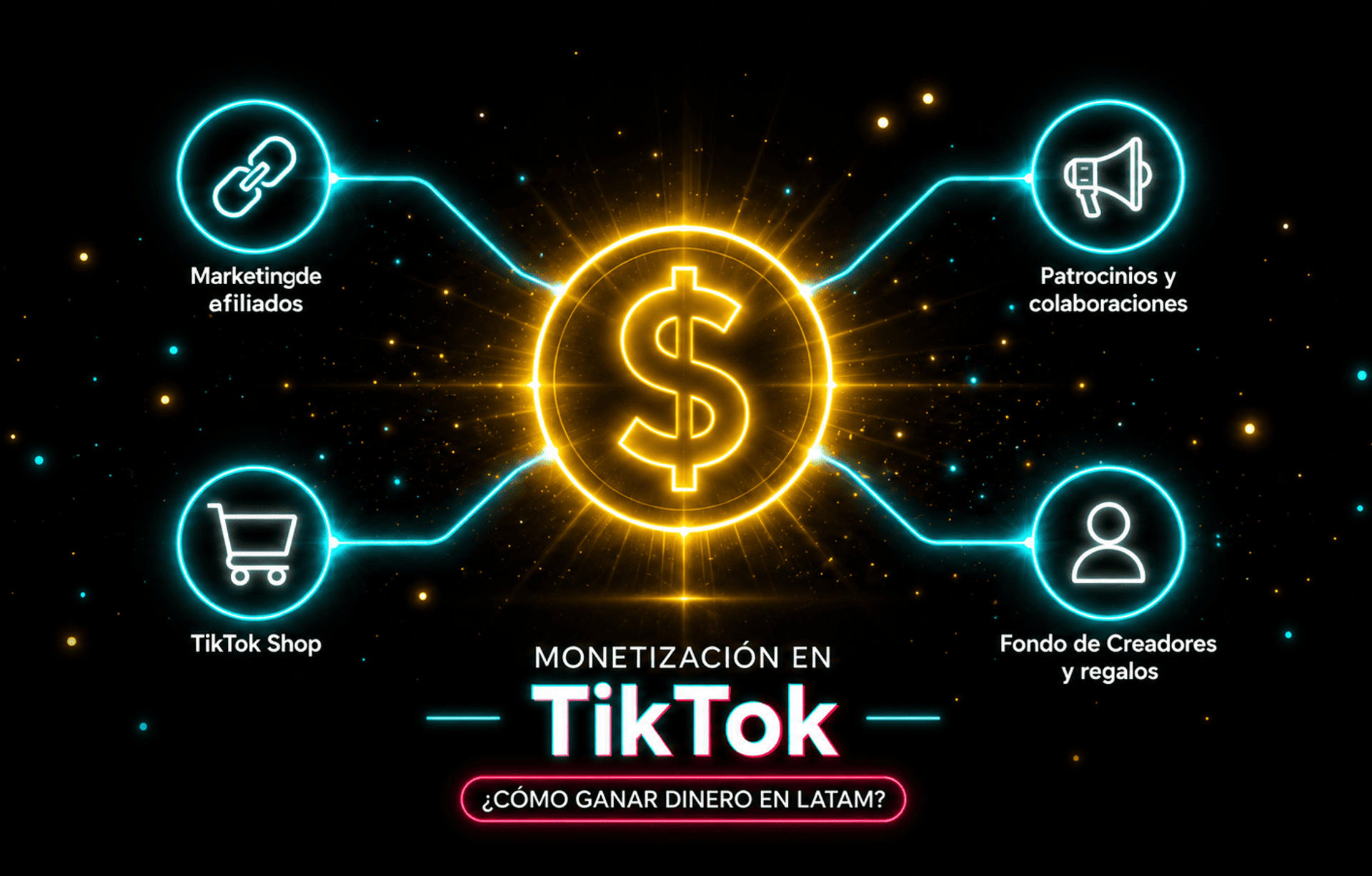 Icono de moneda con brillo dorado rodeado de iconos de modelos de monetizacion en TikTok