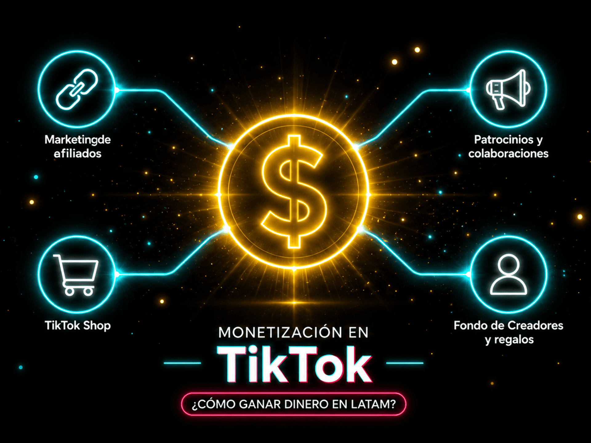 Icono de moneda con brillo dorado rodeado de iconos de modelos de monetizacion en TikTok