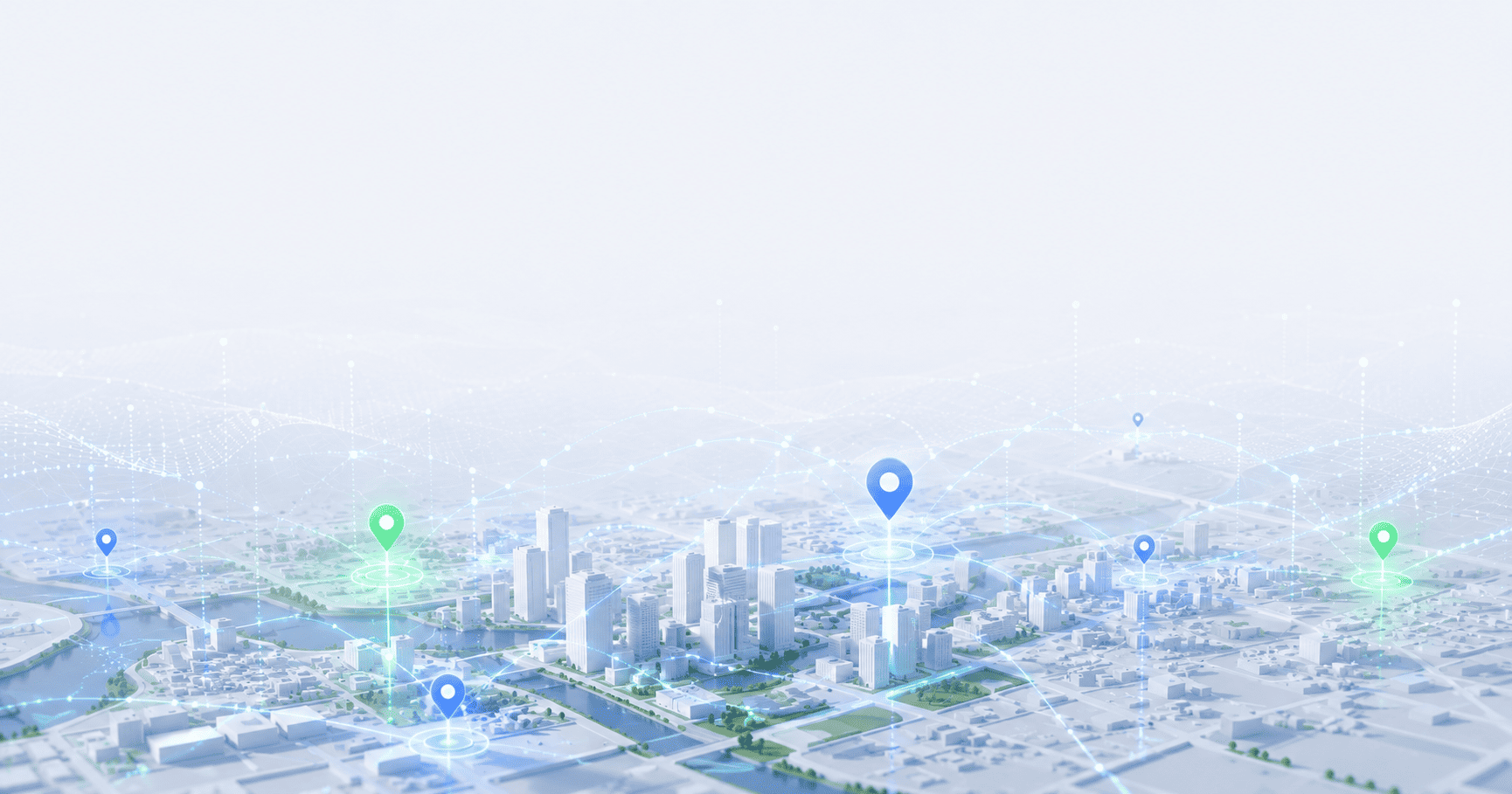 Ilustración de un mapa urbano inteligente con puntos conectados y elementos de inteligencia artificial.