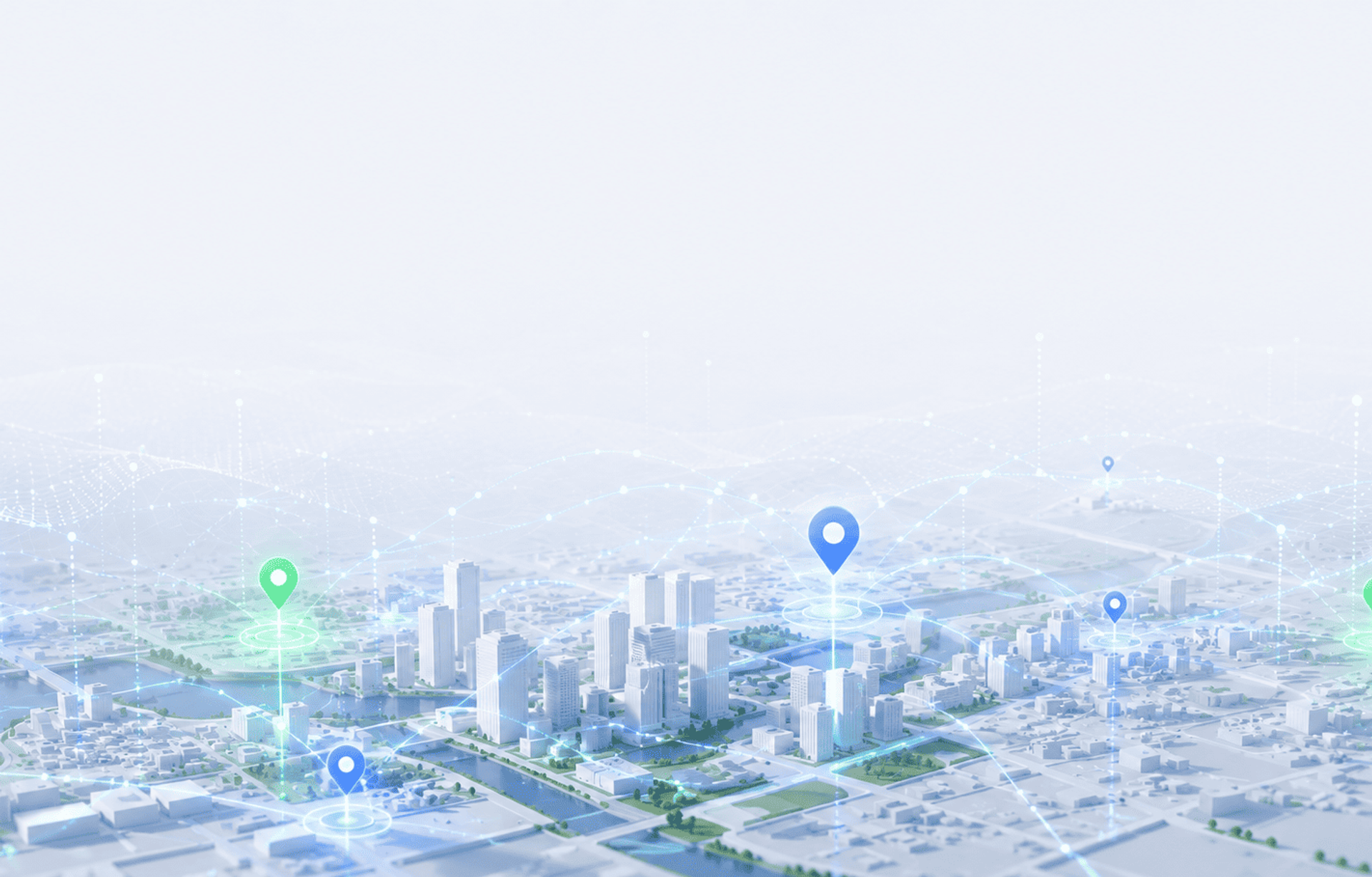 Ilustración de un mapa urbano inteligente con puntos conectados y elementos de inteligencia artificial.
