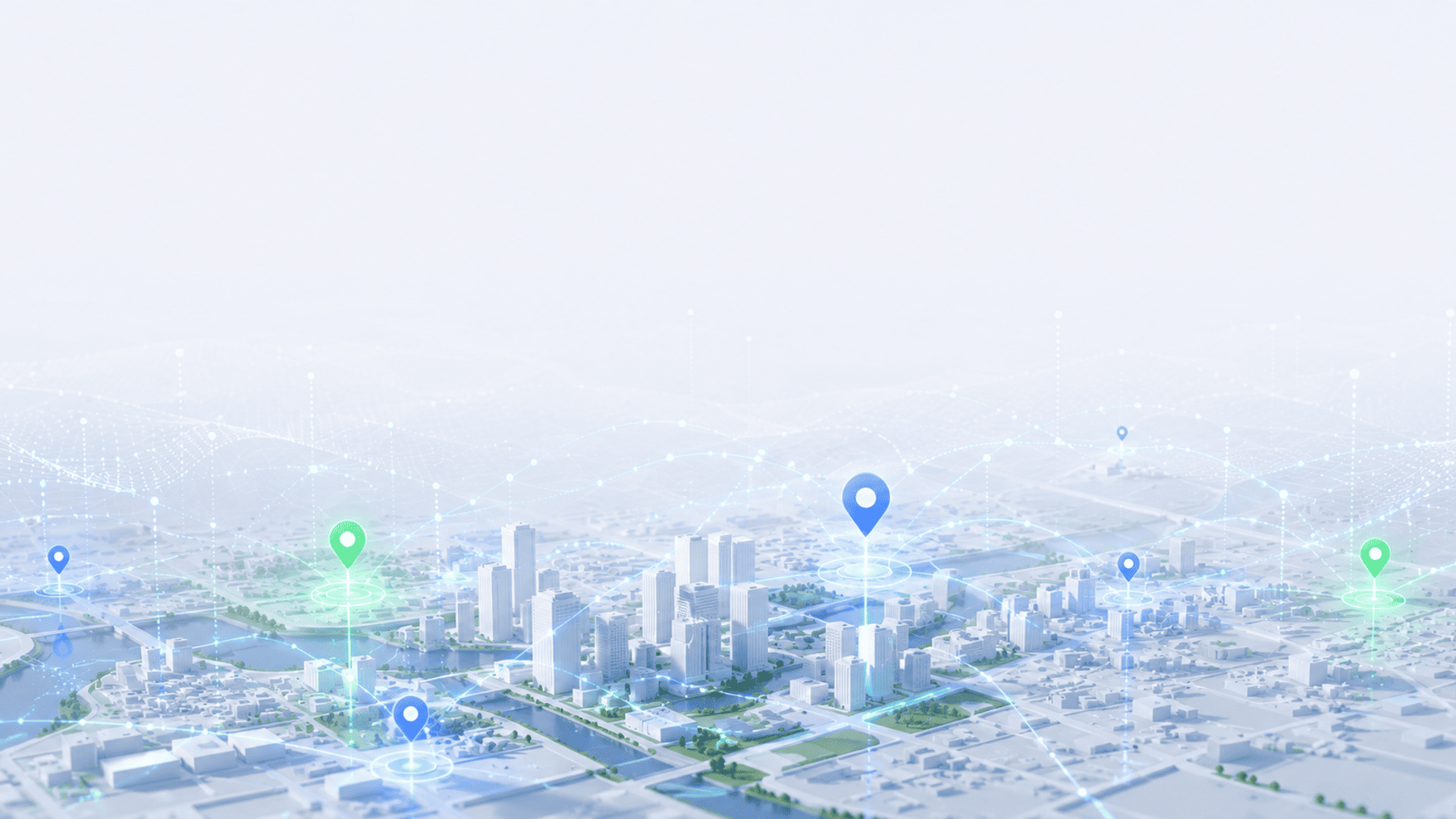 Ilustración de un mapa urbano inteligente con puntos conectados y elementos de inteligencia artificial.