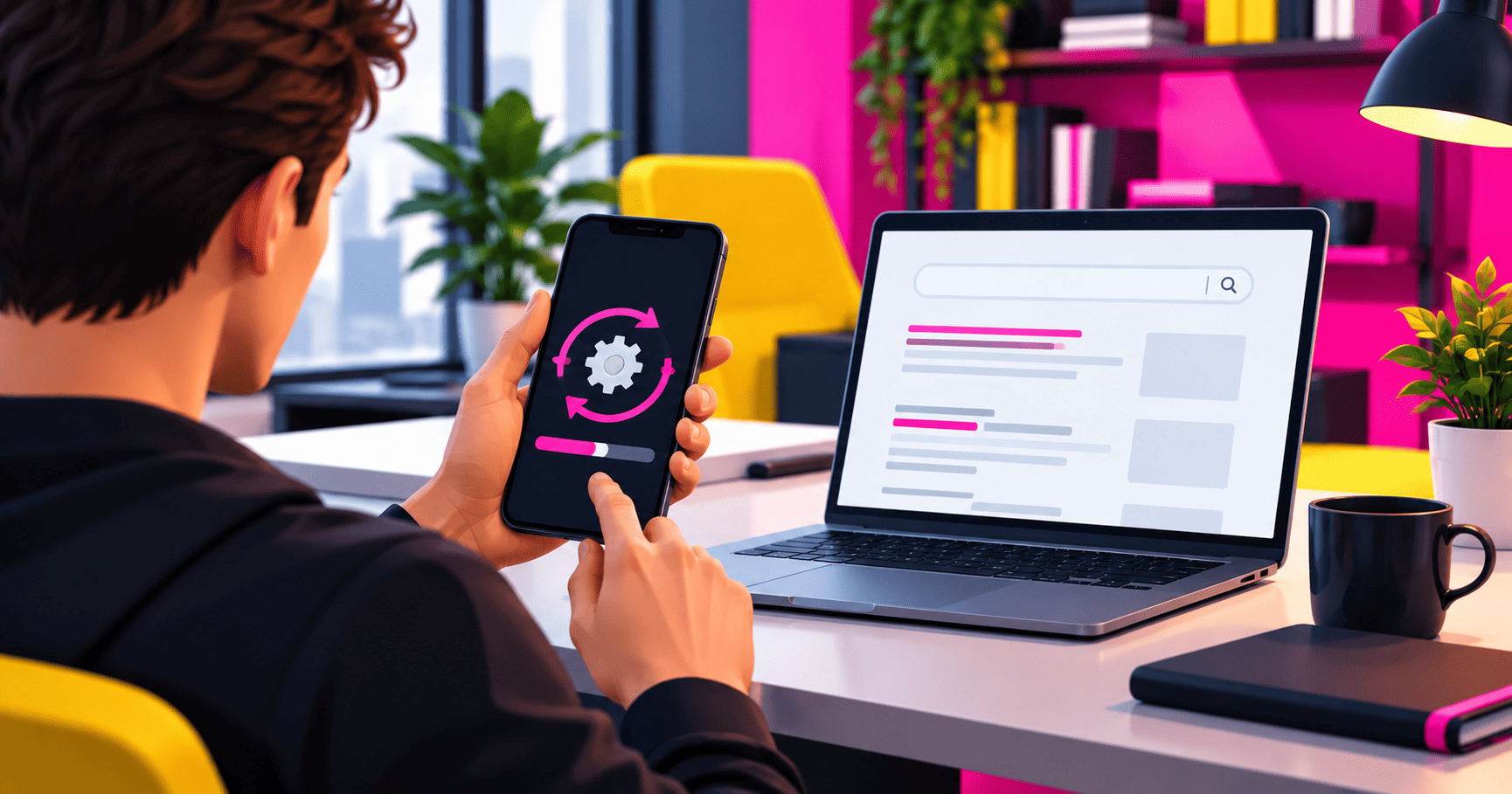 Actualización en segundo plano desde un smartphone junto a una interfaz de búsqueda.