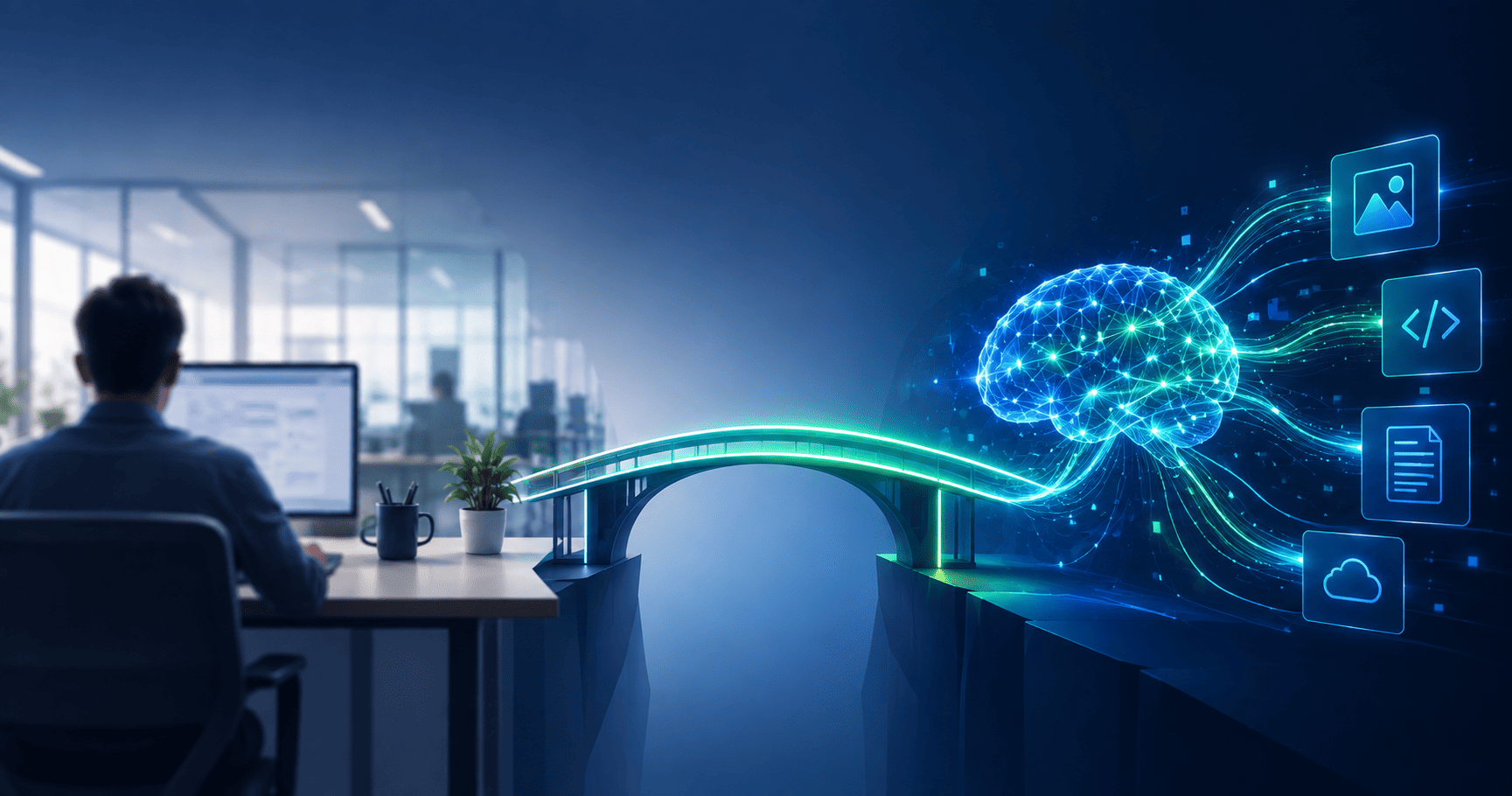 Ilustración de una oficina conectada mediante un puente digital a una inteligencia artificial con flujos de datos y módulos tecnológicos.