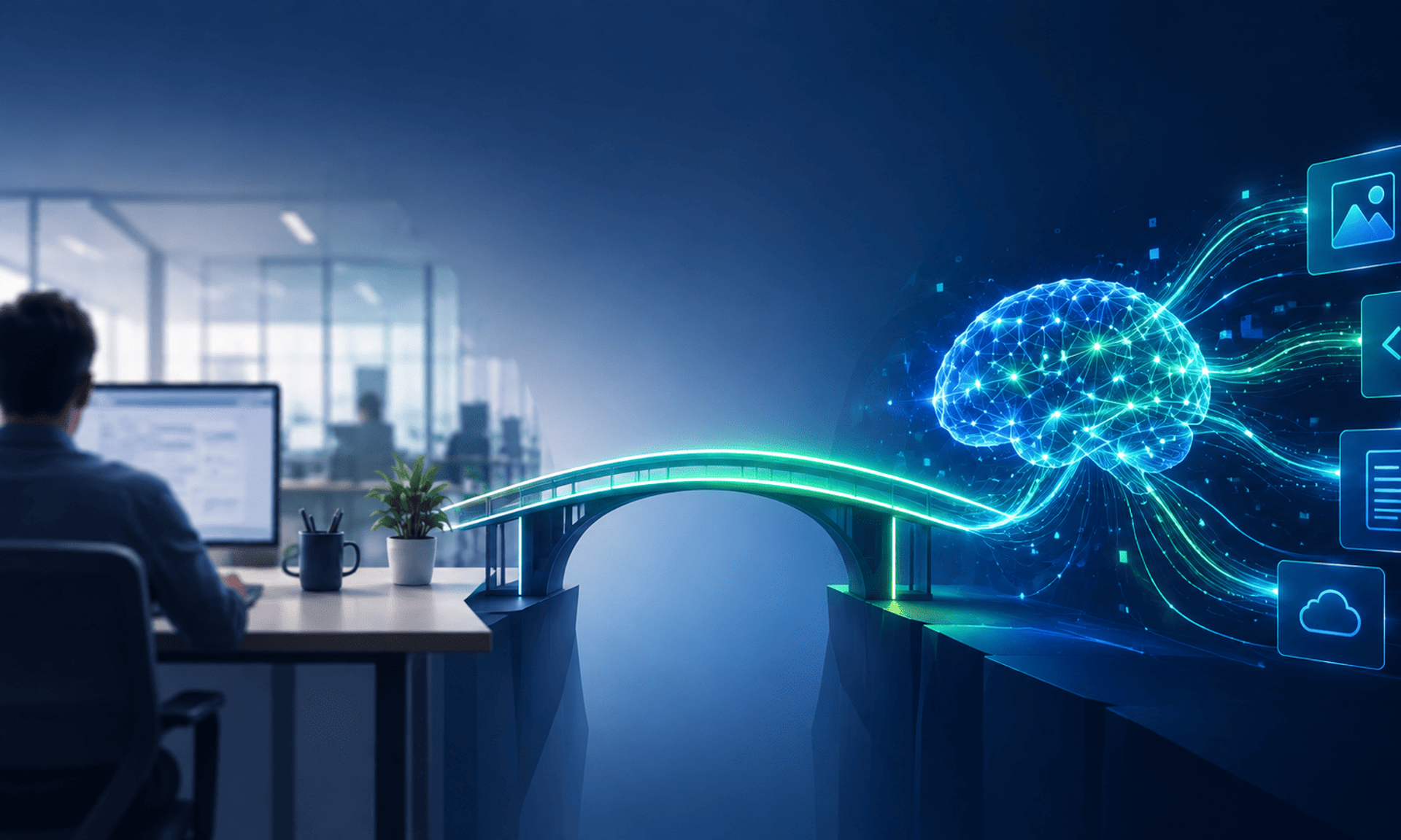 Ilustración de una oficina conectada mediante un puente digital a una inteligencia artificial con flujos de datos y módulos tecnológicos.