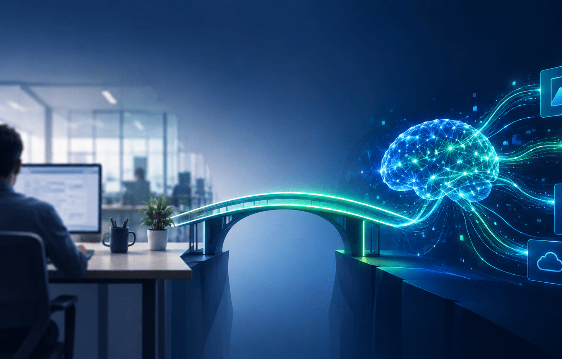 Ilustración de una oficina conectada mediante un puente digital a una inteligencia artificial con flujos de datos y módulos tecnológicos.