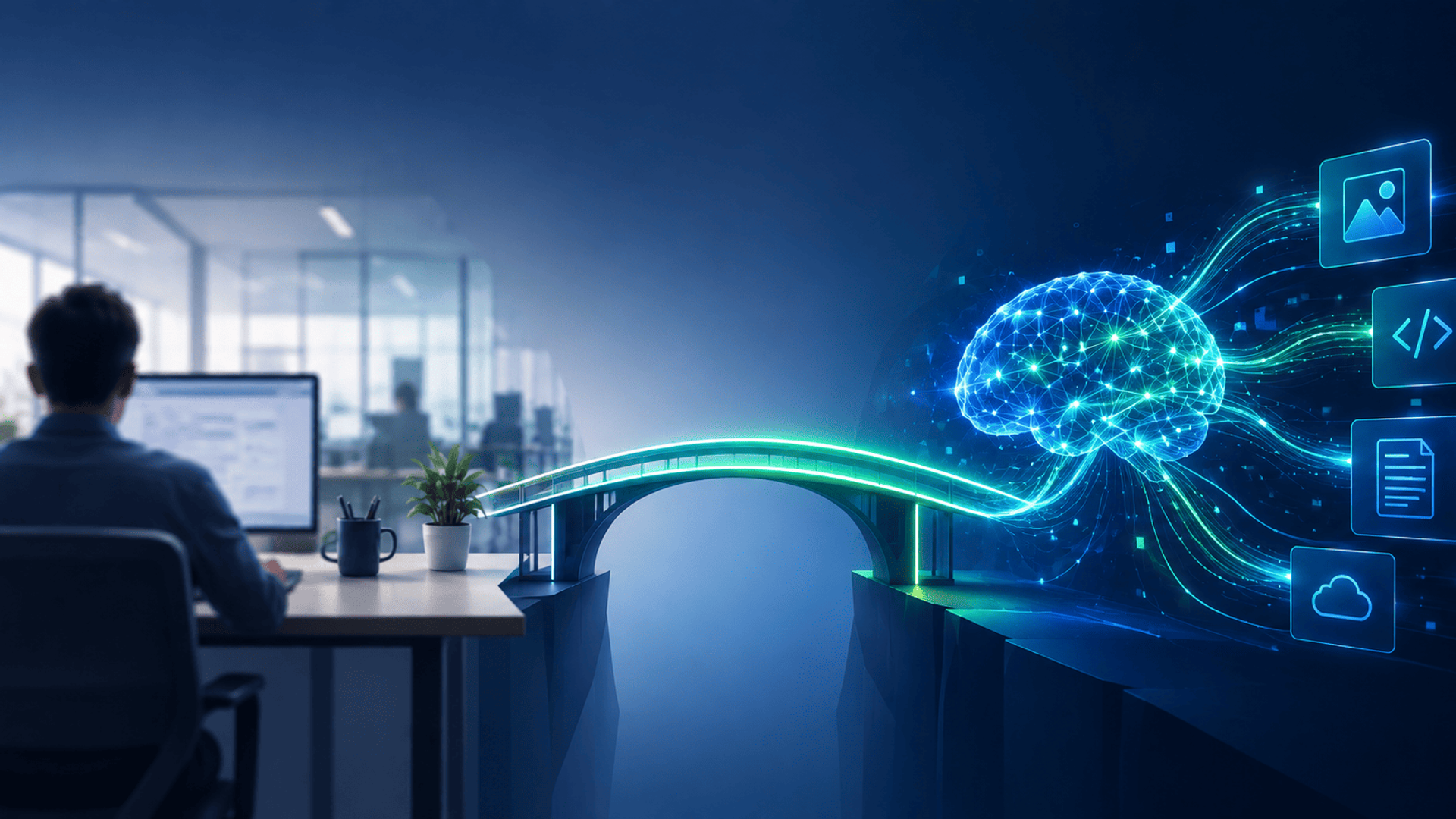 Ilustración de una oficina conectada mediante un puente digital a una inteligencia artificial con flujos de datos y módulos tecnológicos.