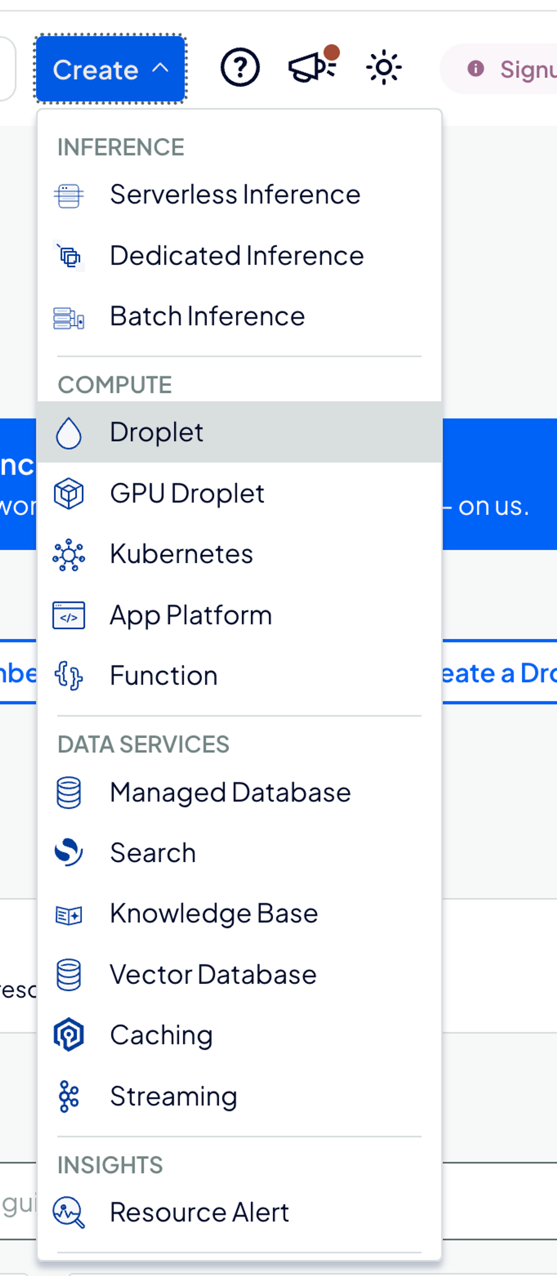 Menú de creación de DigitalOcean con la opción Droplet seleccionada entre los servicios disponibles.