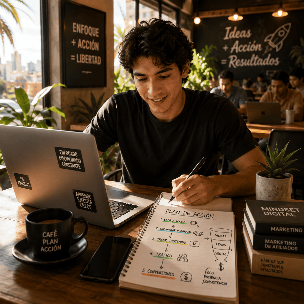 Persona trabajando en un café o coworking con laptop y libreta, energía dinámica de comienzo.