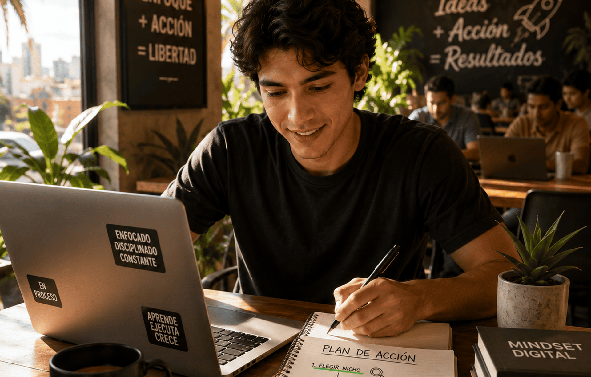 Persona trabajando en un café o coworking con laptop y libreta, energía dinámica de comienzo.