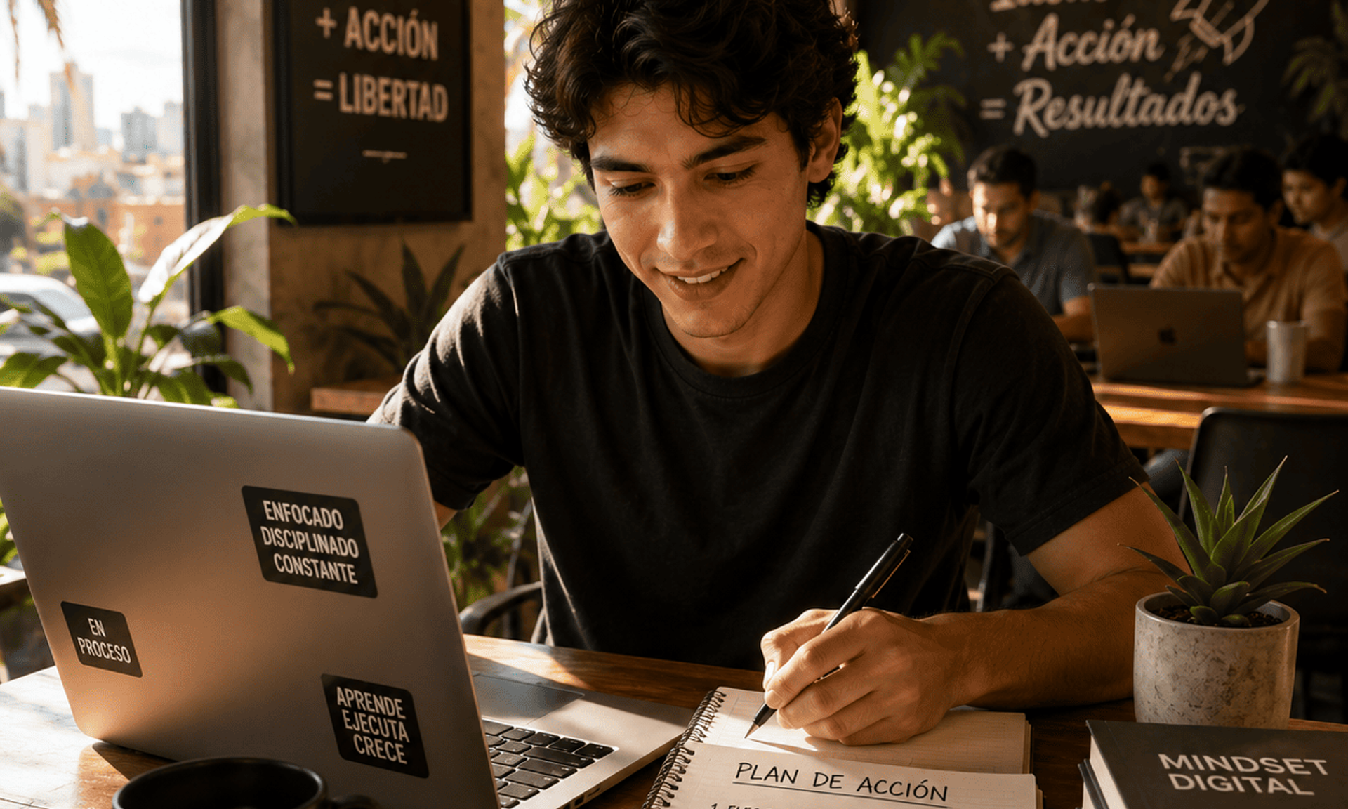 Persona trabajando en un café o coworking con laptop y libreta, energía dinámica de comienzo.
