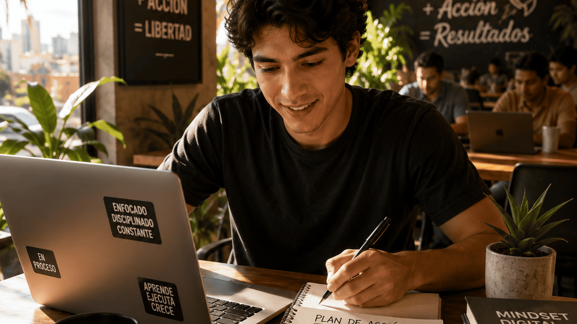 Persona trabajando en un café o coworking con laptop y libreta, energía dinámica de comienzo.