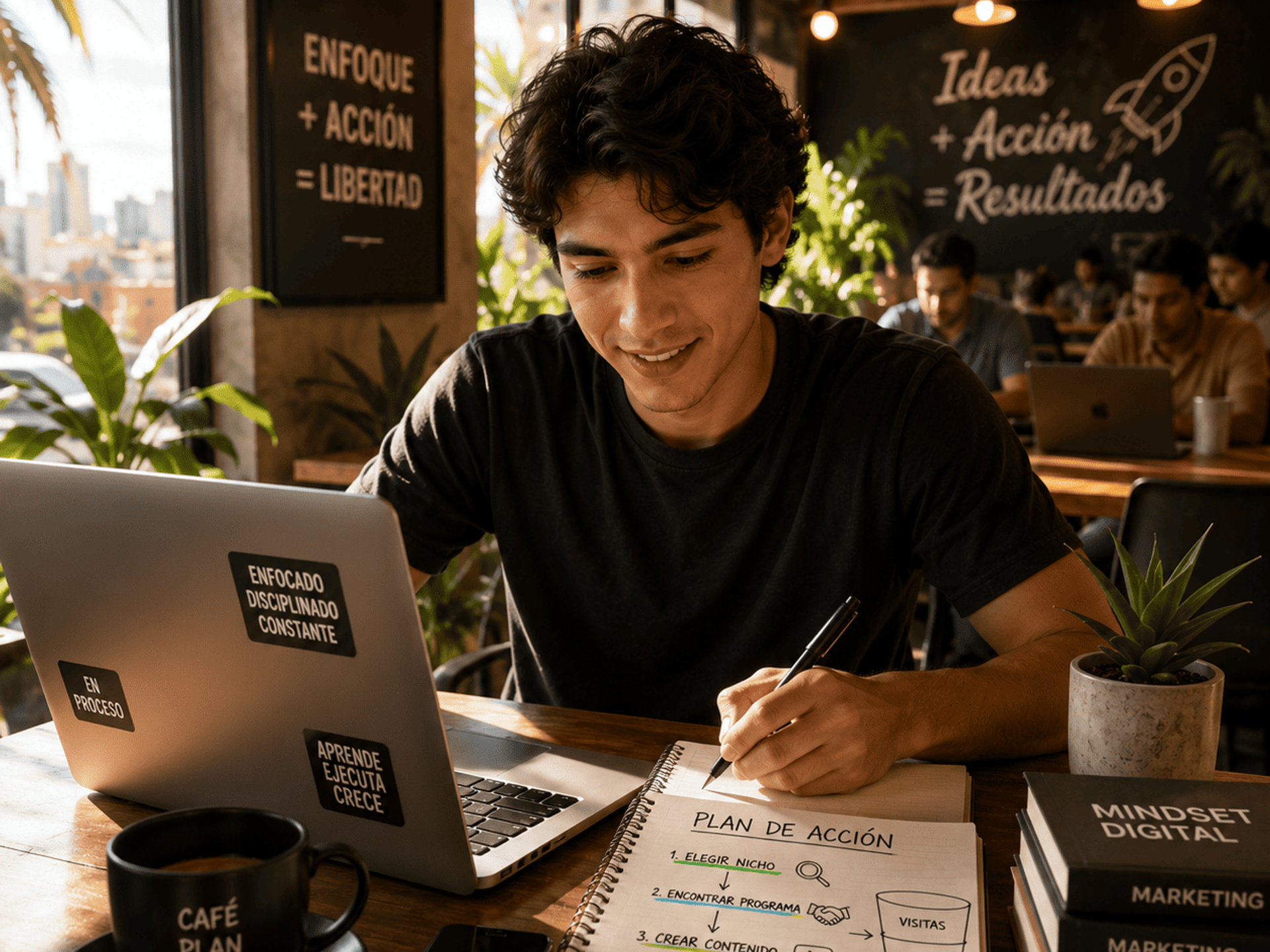 Persona trabajando en un café o coworking con laptop y libreta, energía dinámica de comienzo.