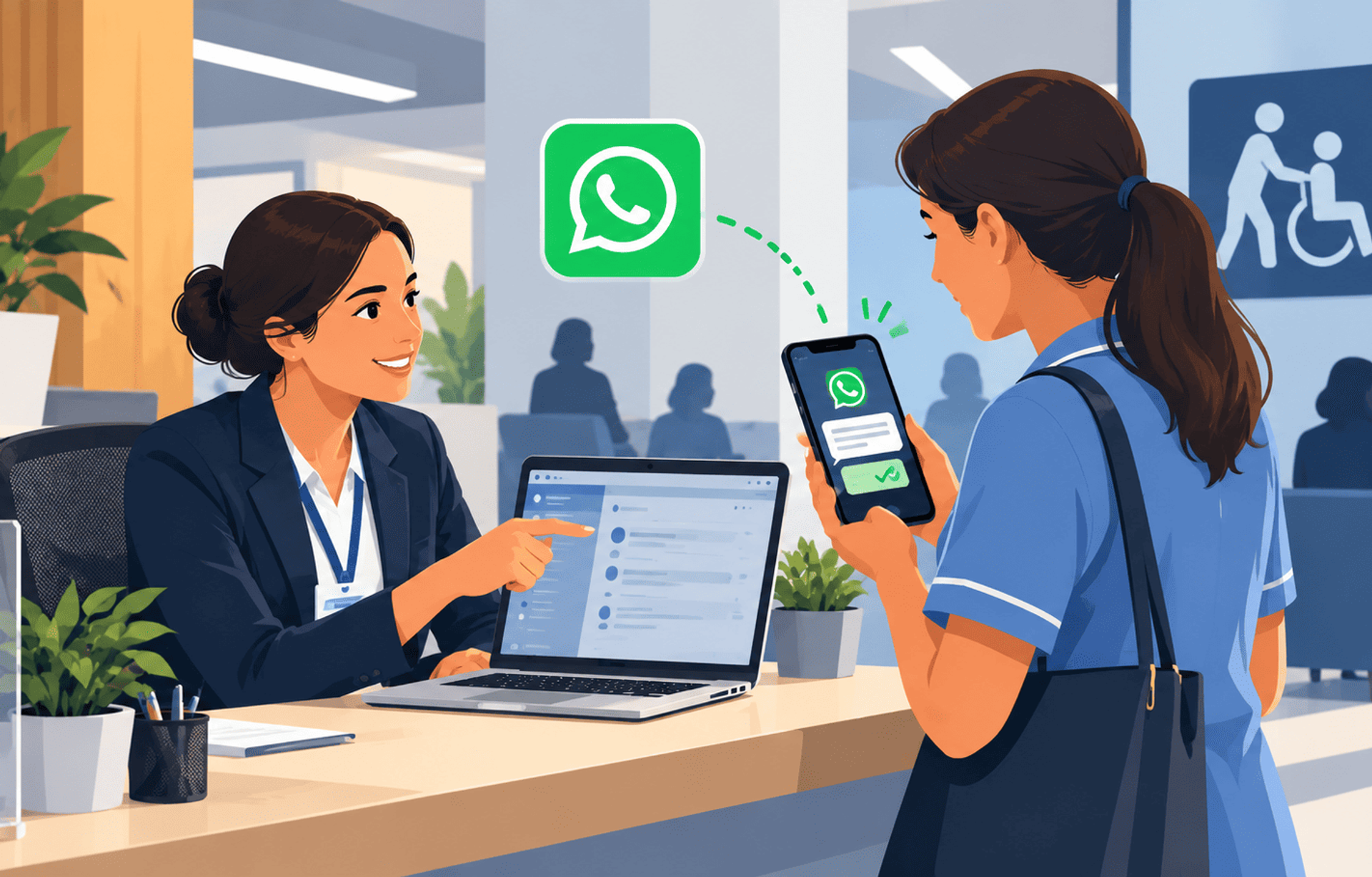 Empleada confirma por WhatsApp la disponibilidad de una cuidadora en un centro de atención.