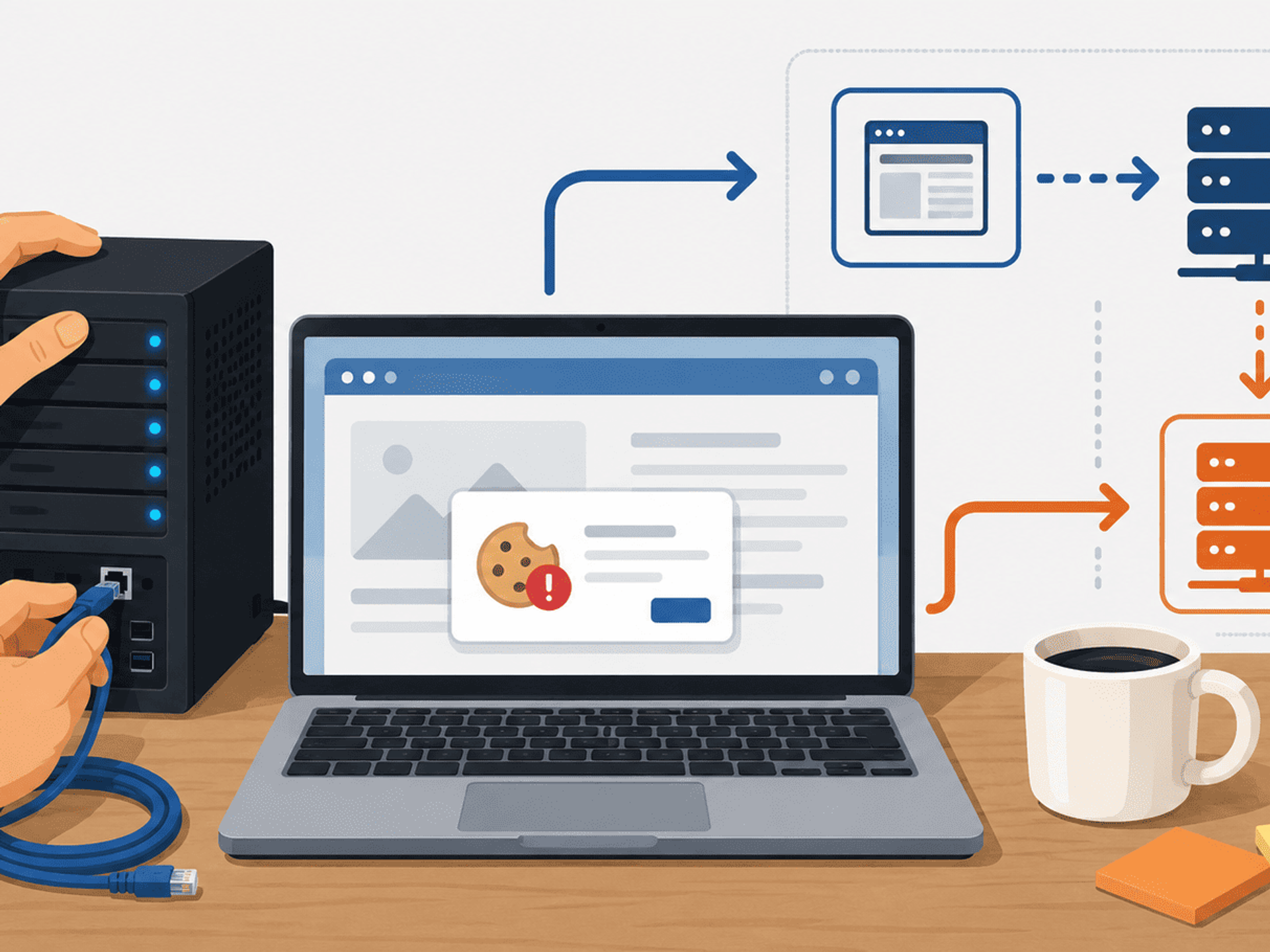 Configuración de seguimiento server-to-server con un servidor, un portátil y un diagrama de conexión entre servidores para mejorar el tracking de conversiones.
