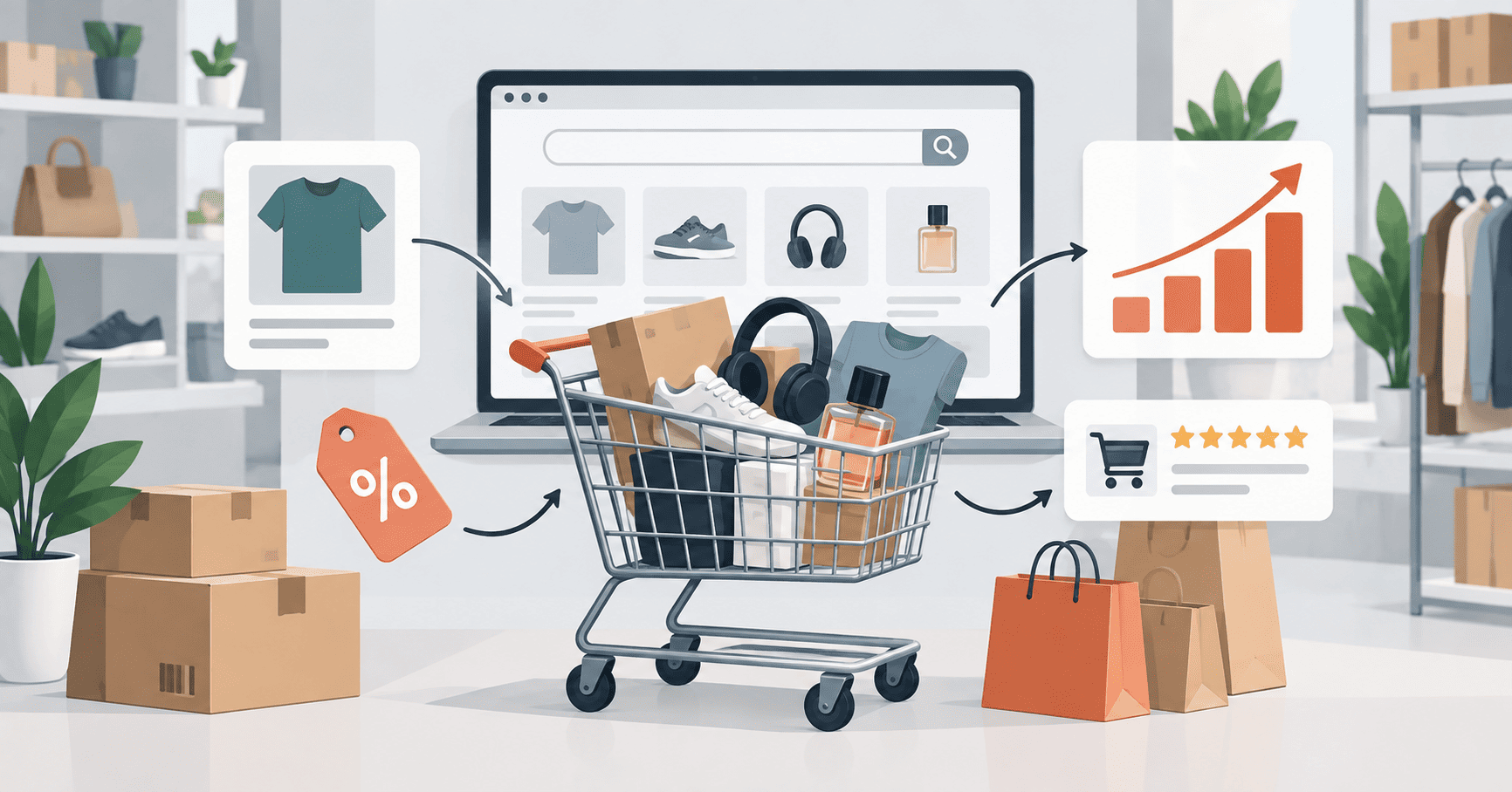 Carrito de ecommerce con productos, tienda online y gráfico de crecimiento de ventas.
