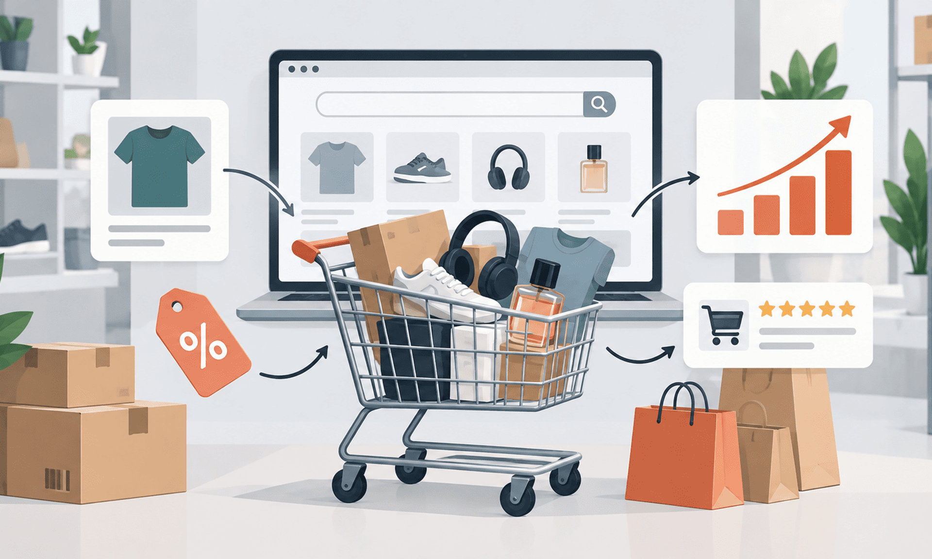 Carrito de ecommerce con productos, tienda online y gráfico de crecimiento de ventas.