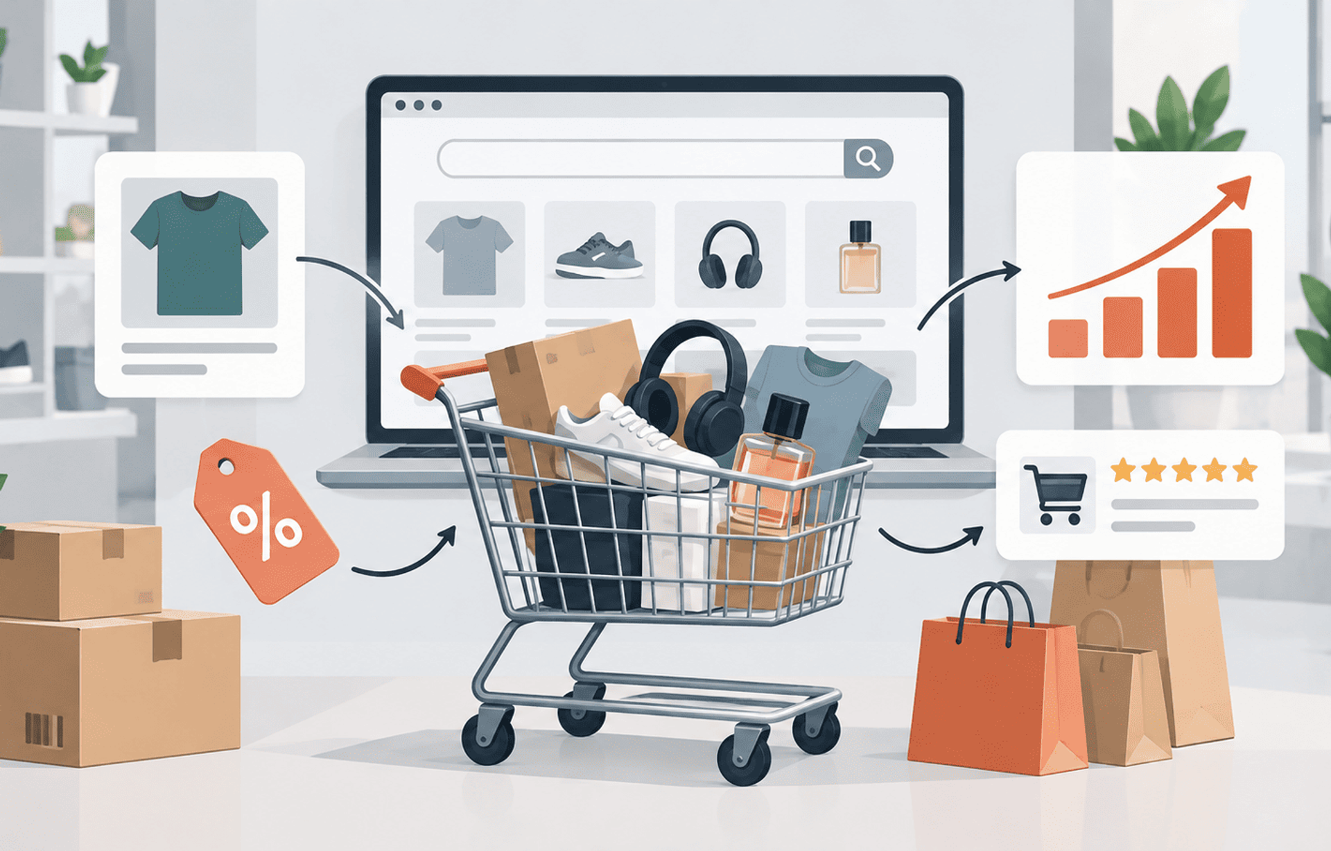 Carrito de ecommerce con productos, tienda online y gráfico de crecimiento de ventas.