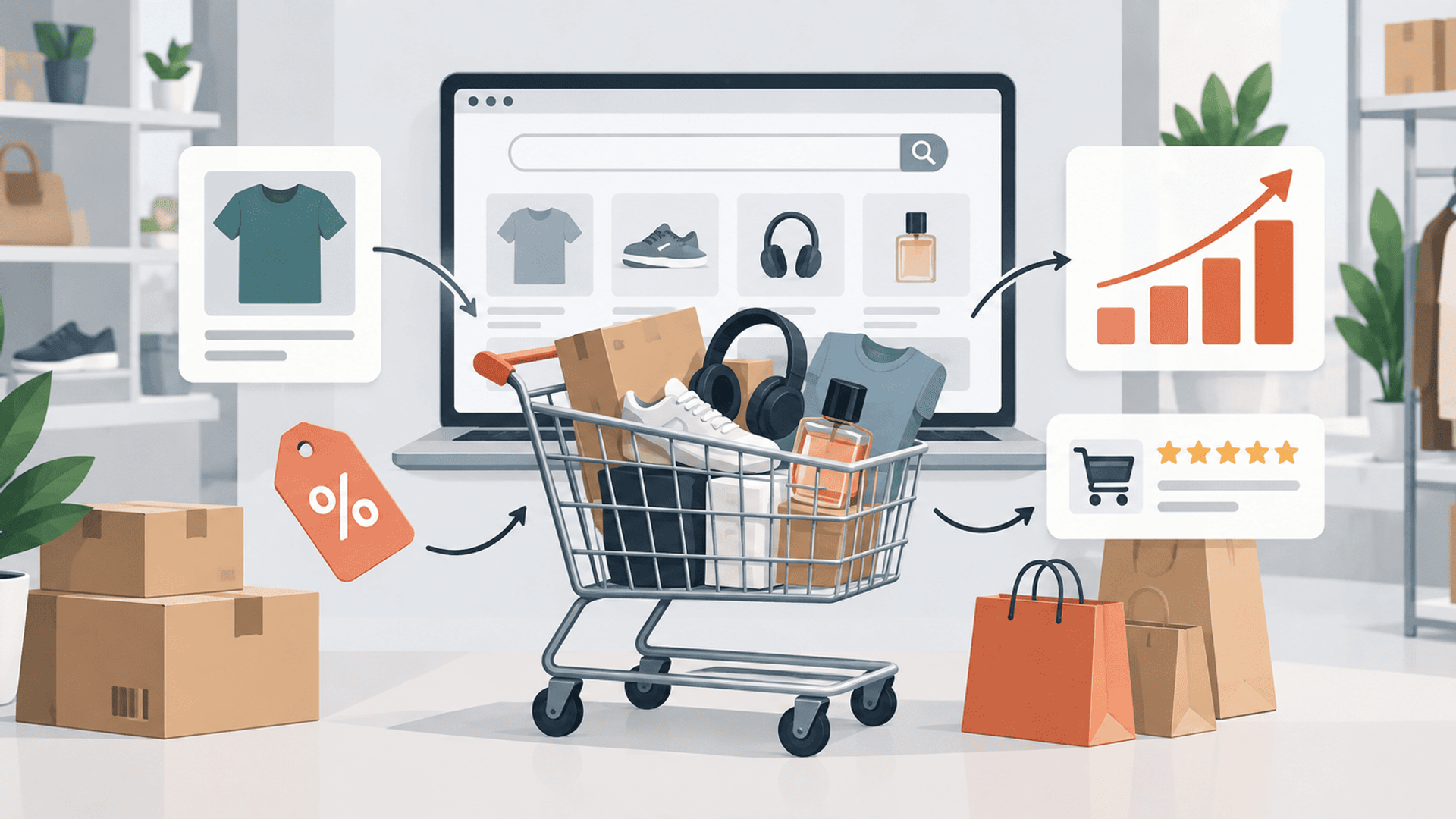 Carrito de ecommerce con productos, tienda online y gráfico de crecimiento de ventas.