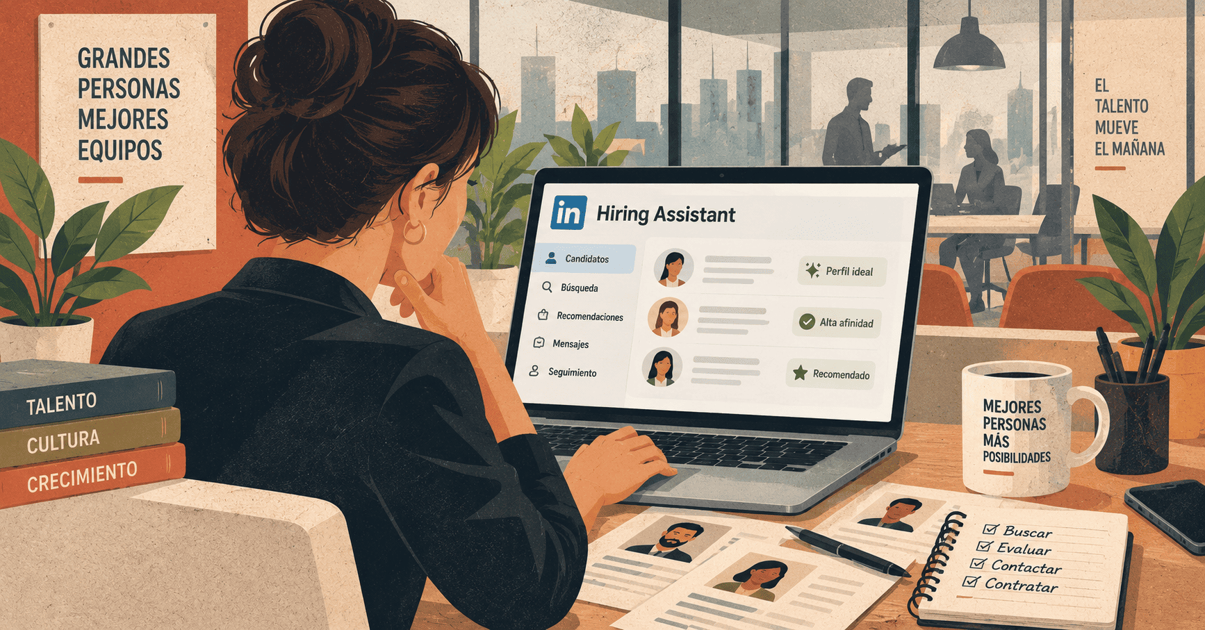 Reclutadora utilizando LinkedIn Hiring Assistant para buscar, evaluar y seleccionar candidatos.