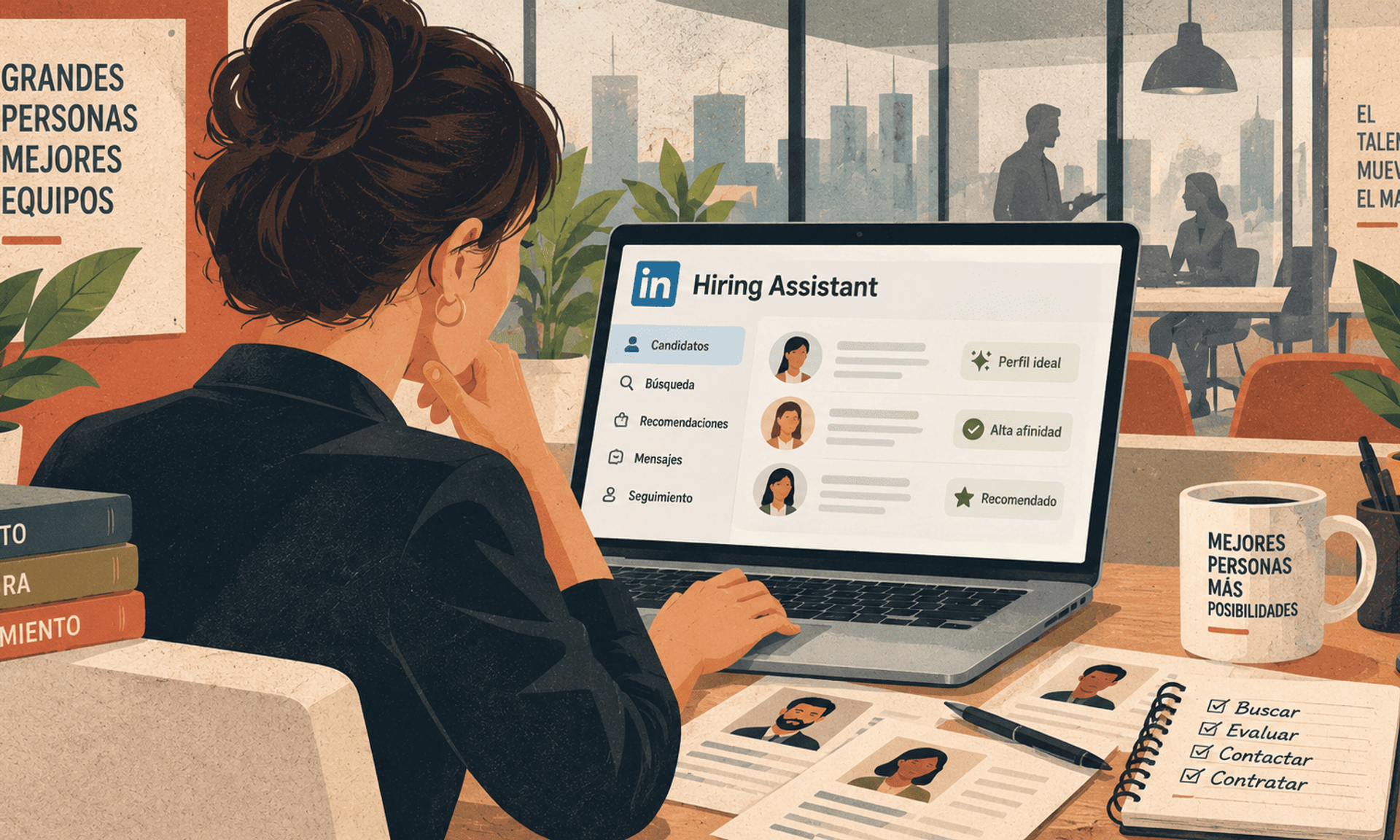 Reclutadora utilizando LinkedIn Hiring Assistant para buscar, evaluar y seleccionar candidatos.