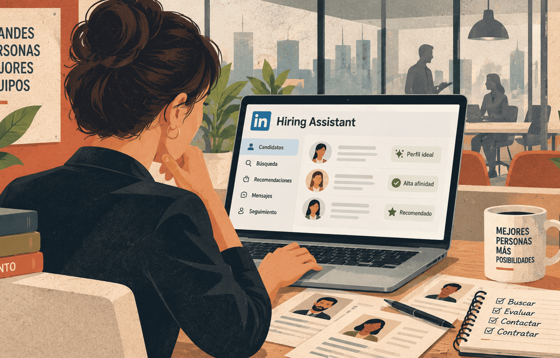 Reclutadora utilizando LinkedIn Hiring Assistant para buscar, evaluar y seleccionar candidatos.