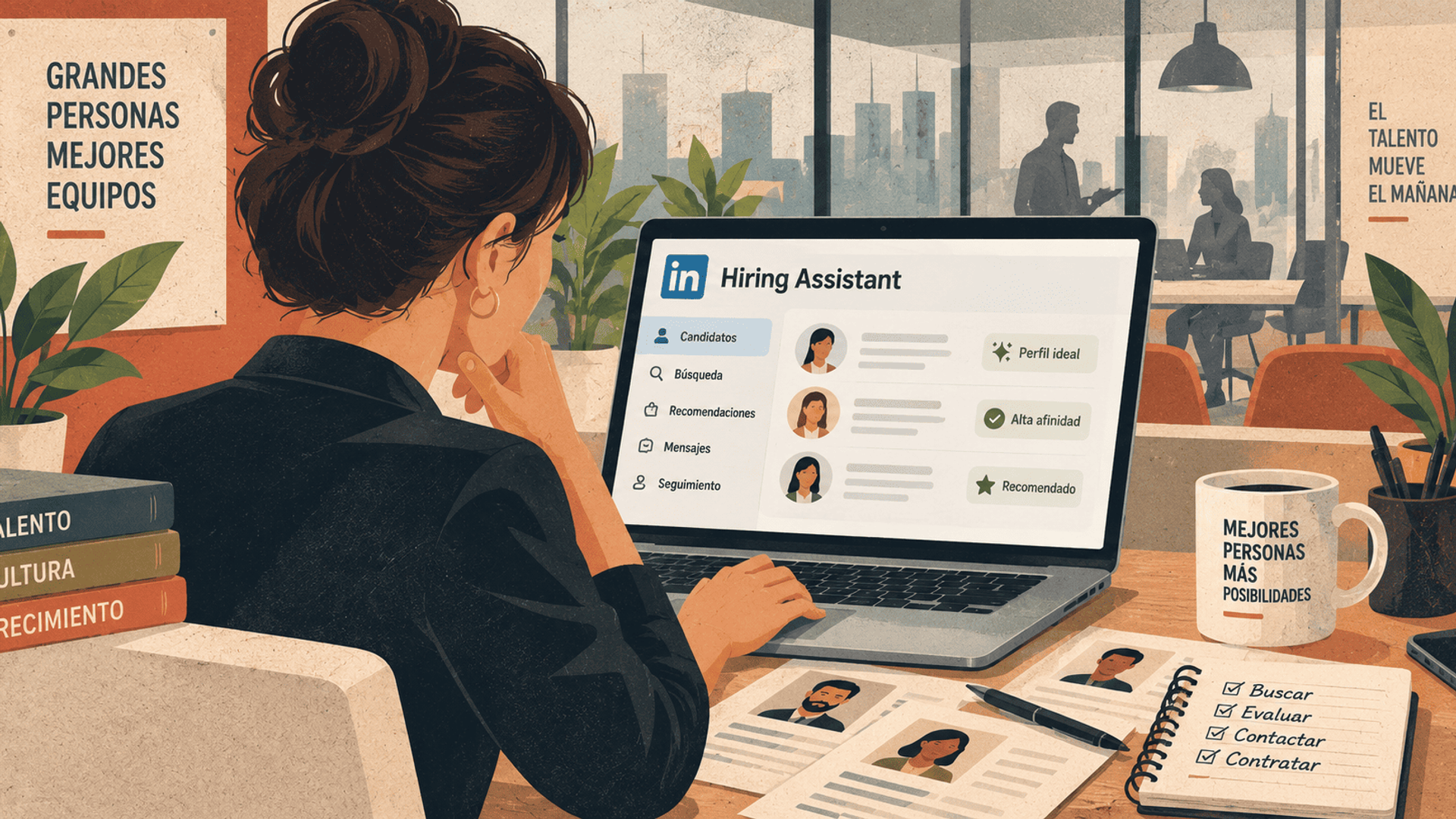 Reclutadora utilizando LinkedIn Hiring Assistant para buscar, evaluar y seleccionar candidatos.