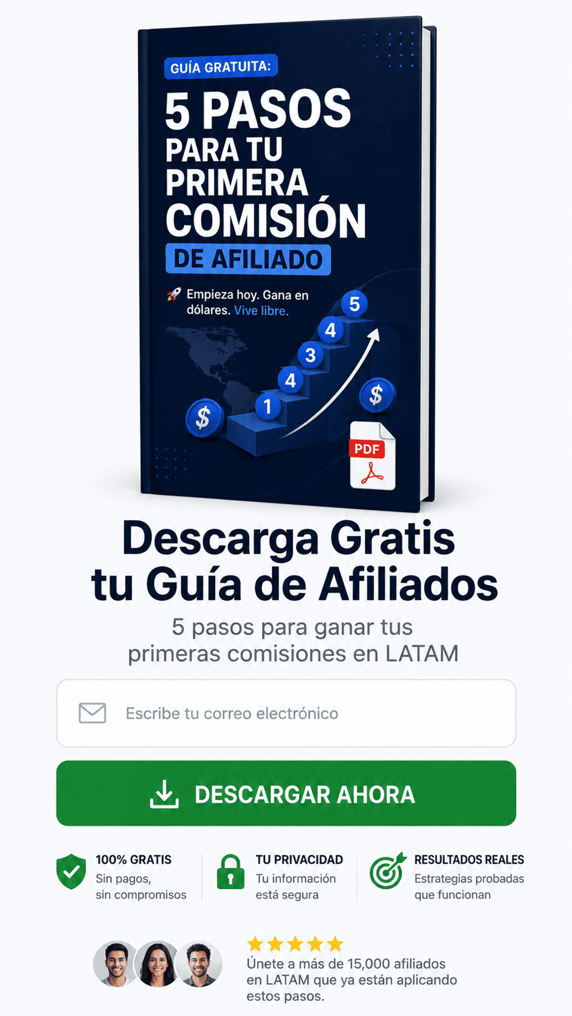 Mockup de landing page en móvil para descarga de guía gratuita.