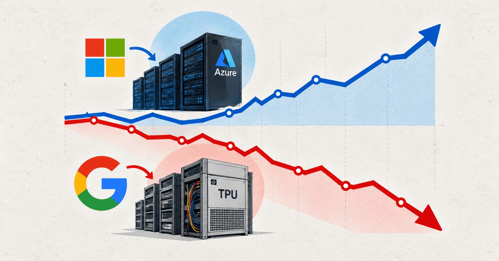 Comparación de tendencias entre Microsoft Azure en crecimiento y Google TPU en descenso.