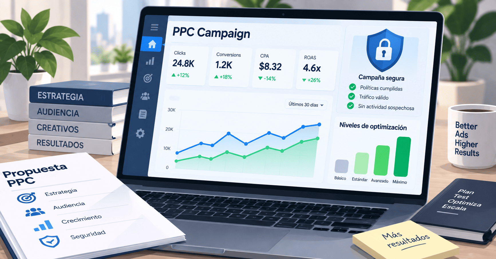Panel PPC con métricas, niveles de optimización y controles de seguridad de campaña.