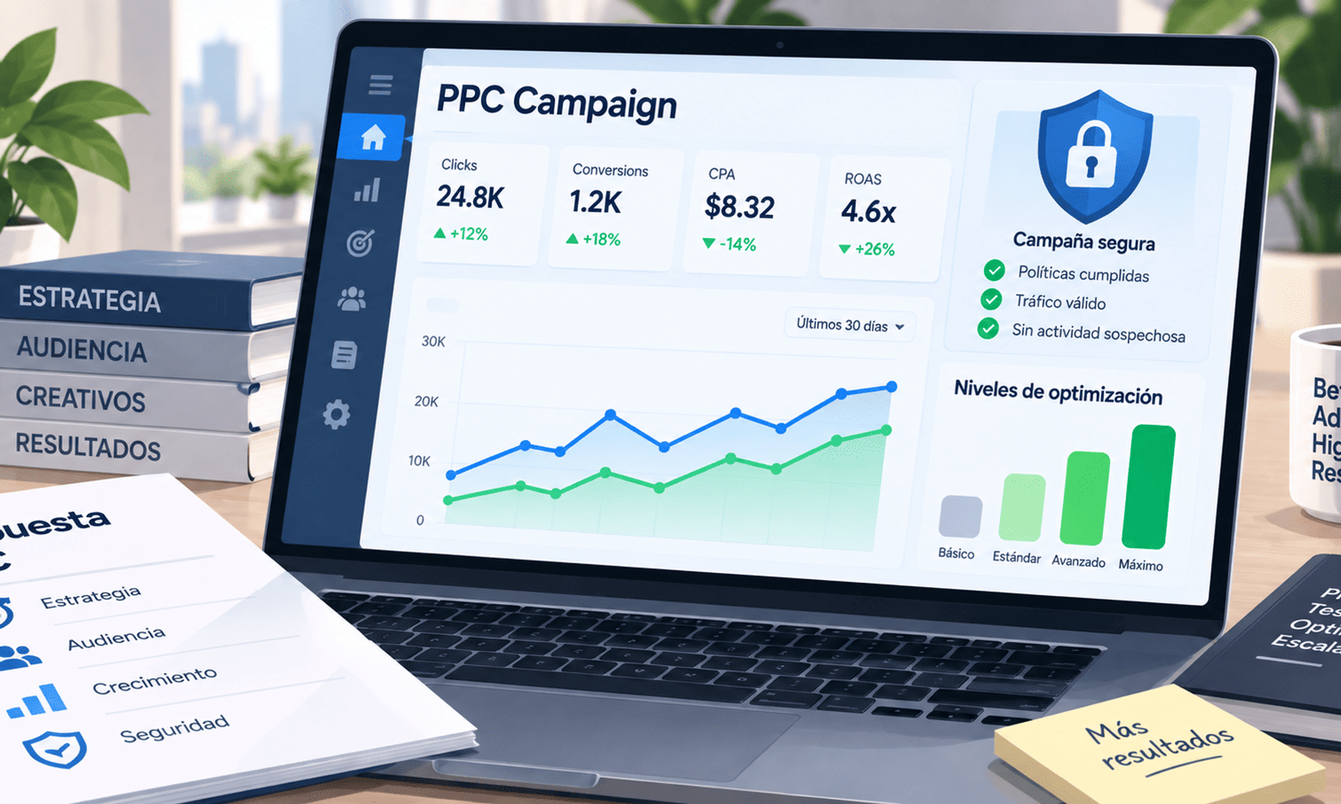 Panel PPC con métricas, niveles de optimización y controles de seguridad de campaña.