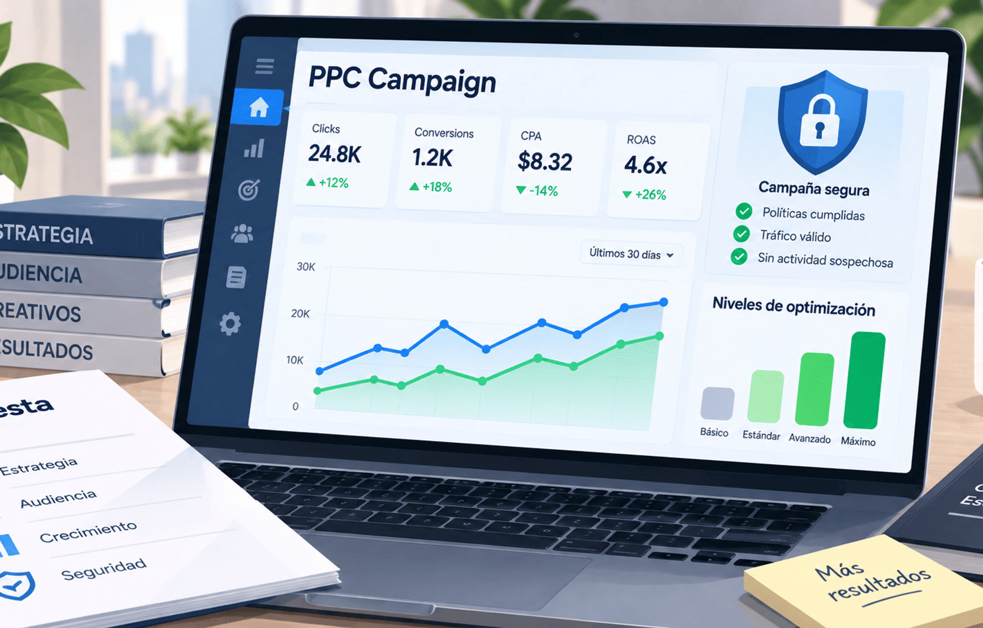 Panel PPC con métricas, niveles de optimización y controles de seguridad de campaña.