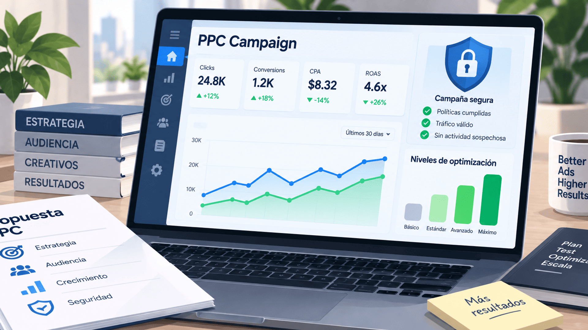 Panel PPC con métricas, niveles de optimización y controles de seguridad de campaña.