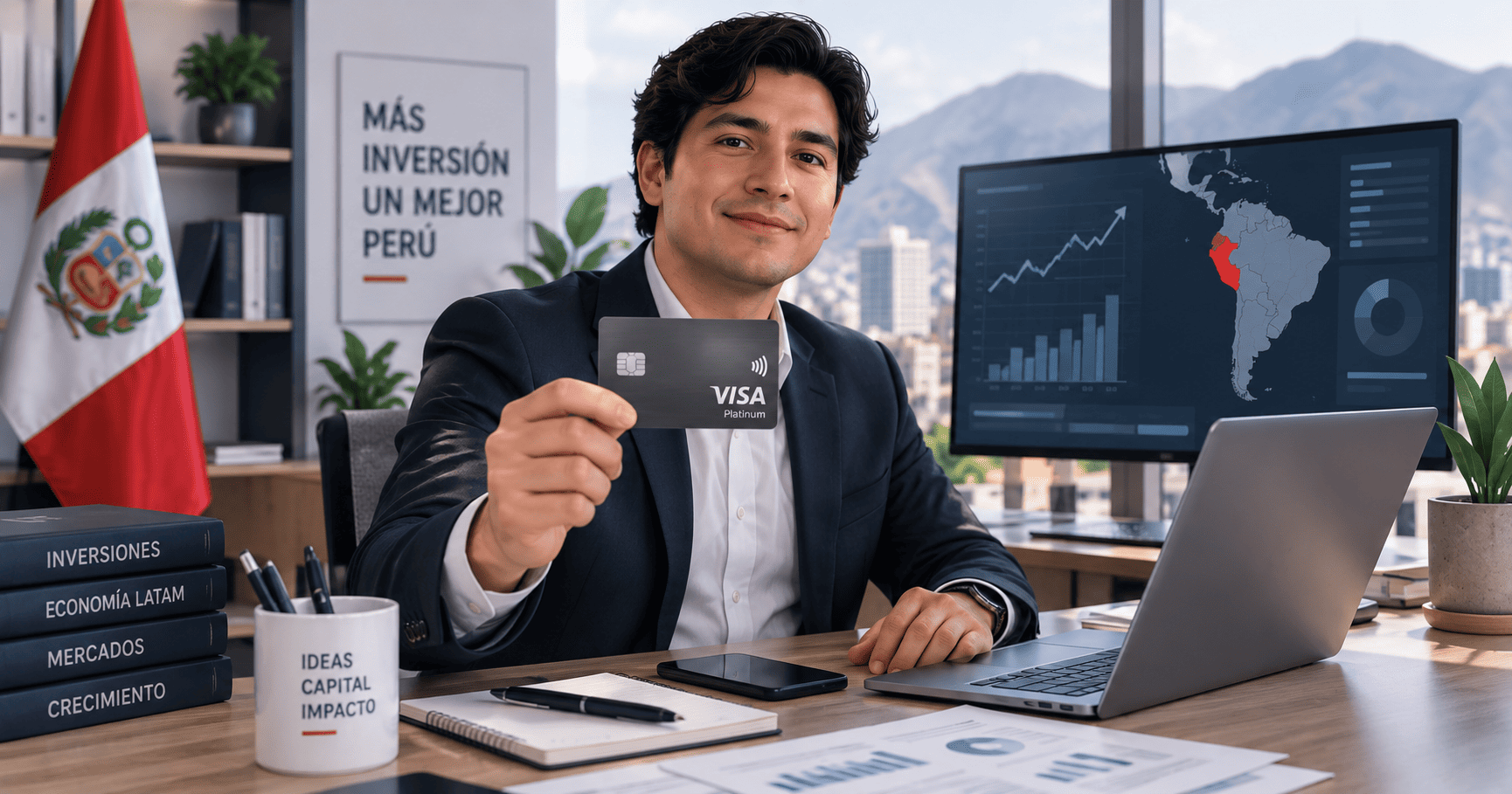 Profesional peruano con tarjeta Visa Platinum frente a gráficos de inversión y mapa de Perú.