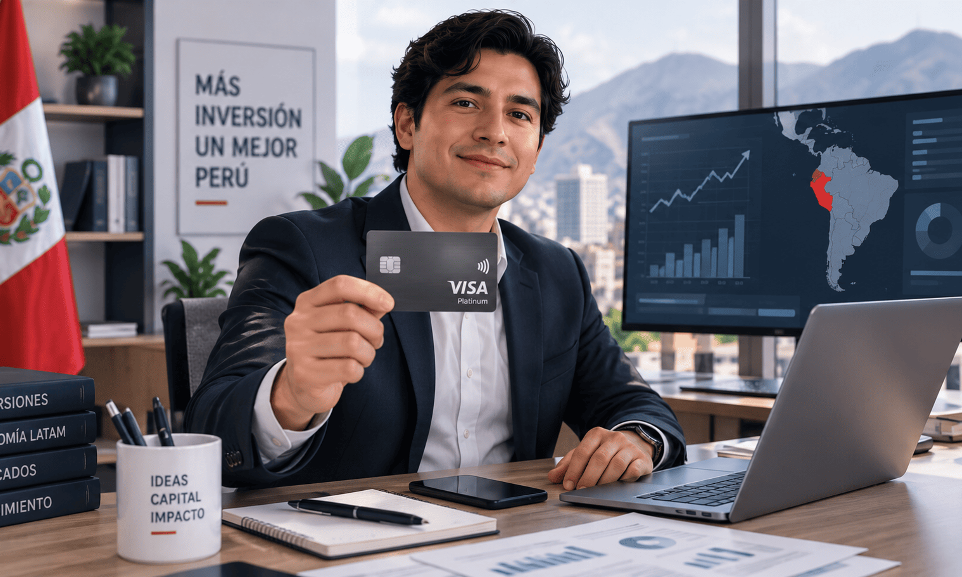 Profesional peruano con tarjeta Visa Platinum frente a gráficos de inversión y mapa de Perú.