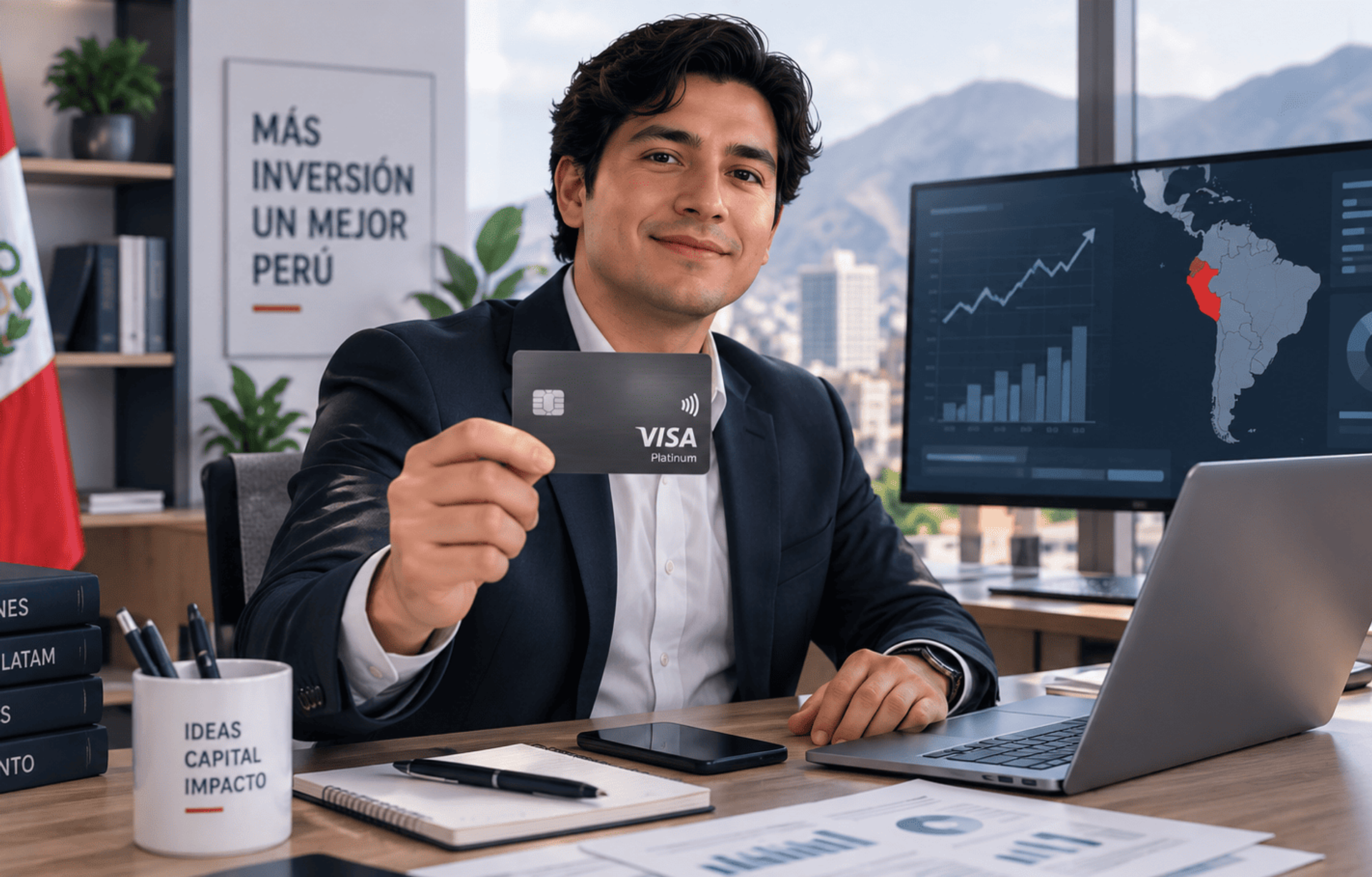 Profesional peruano con tarjeta Visa Platinum frente a gráficos de inversión y mapa de Perú.
